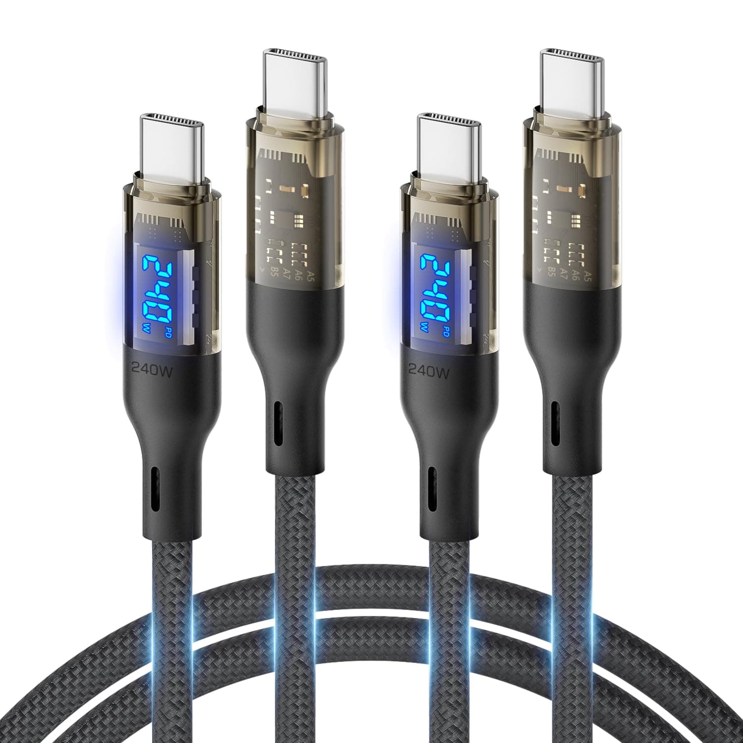 SOOPII 240W USB C to USB C Cable[4ft 2-Pack],Fast Charging USB C Cable with LED Display for Galaxy S24/S23Ultra/S22Ultra,MacBook Pro,lPhone16/15/15Pro/15ProMax,etc,Transparent Shell,(Black)