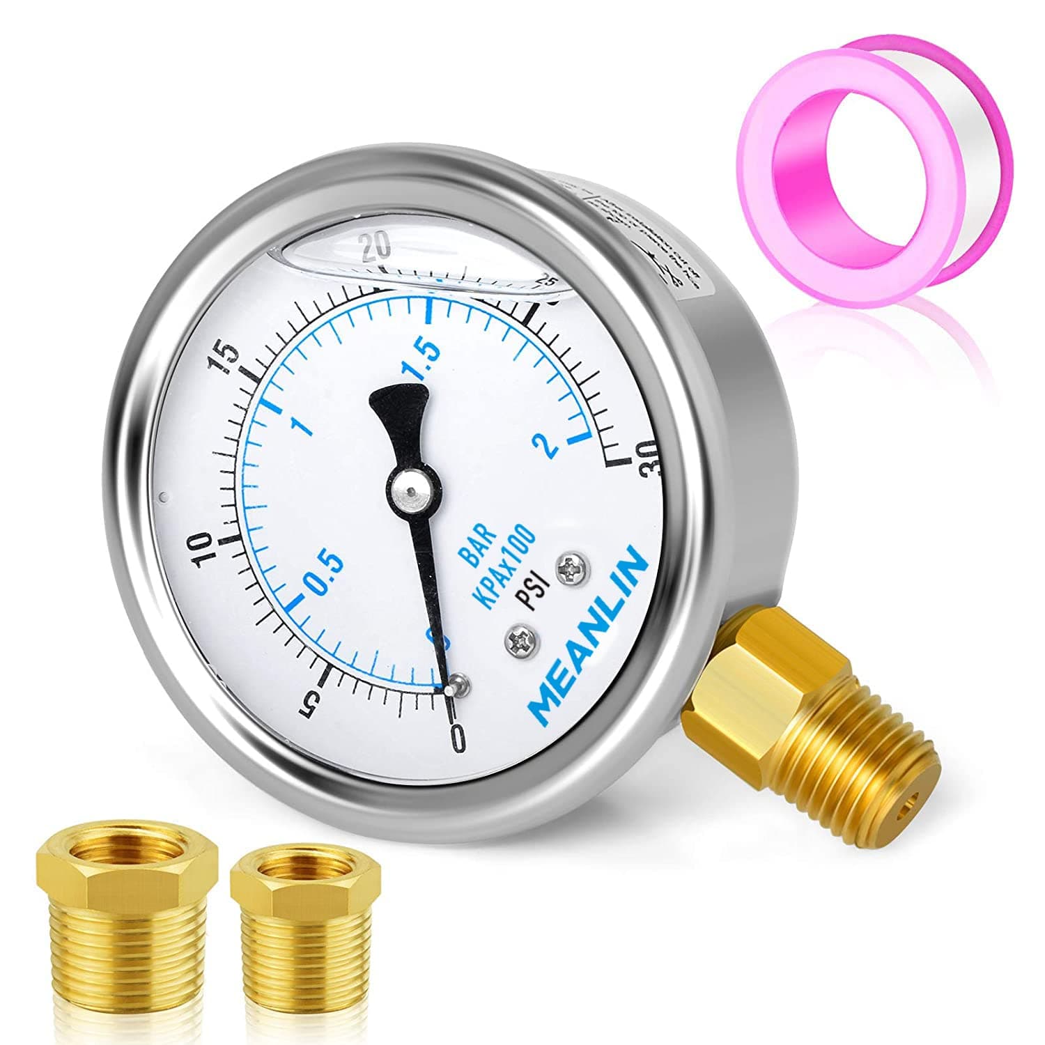 Sponsored Ad - MEANLIN MEASURE 0~30Psi Stainless Steel 1/4" NPT 2.5" FACE DIAL Liquid Filled Pressure Gauge WOG Water Oil Air Lower Mount, with 1/4" x 1/2" NPT and 1/4" x 3/8" NPT Hex Bushing