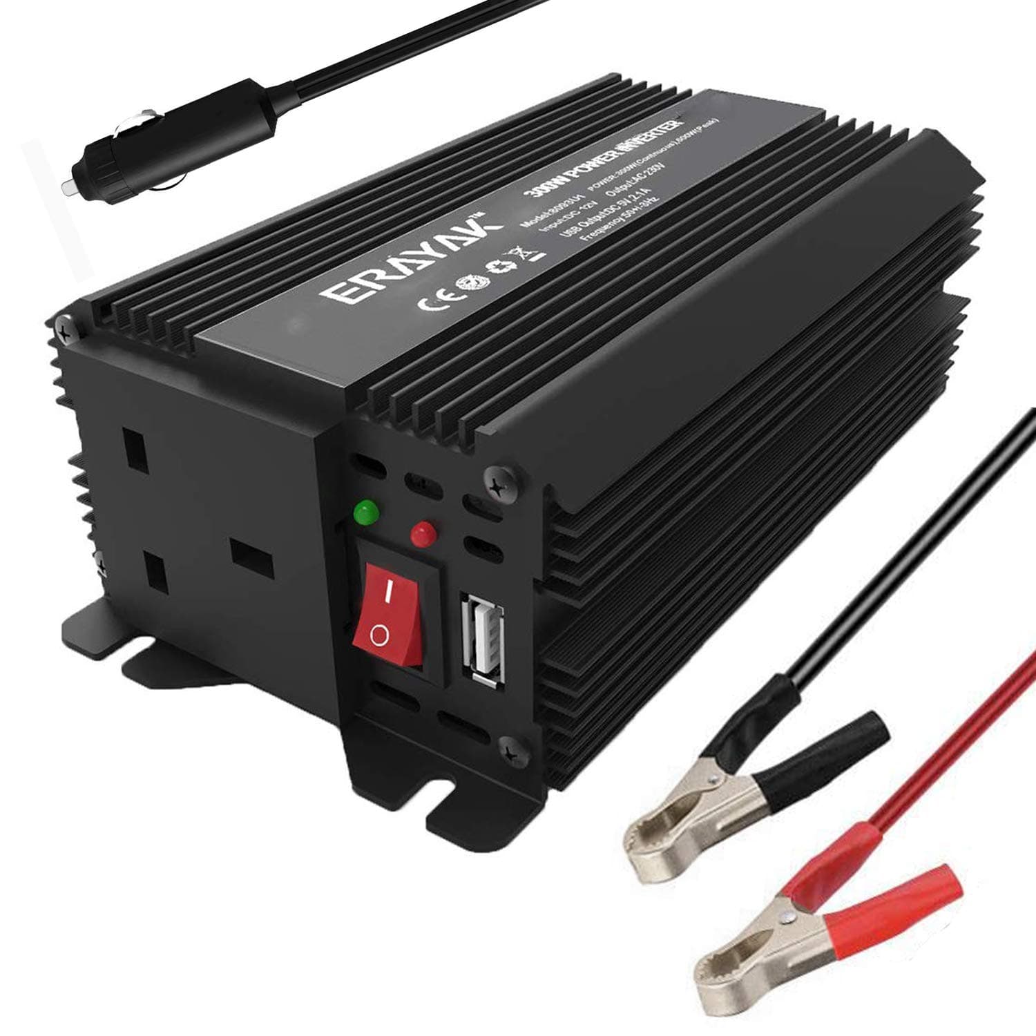 ERAYAK Power Inverter 300W, converter, DC 12V to 230V AC, with AC Outlet and USB Port, TUV Approved