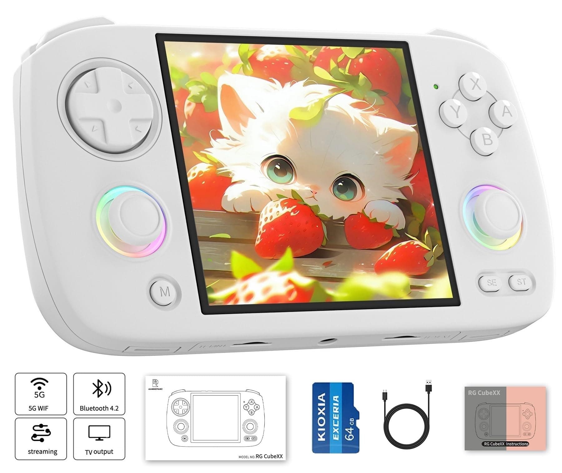 RG CubeXX Retro Handheld Game Console 3.95" IPS Screen Linux System Built-in 64G TF Card Support 5056 Gaming TV Output 5G WiFi Bluetooth 4.2 (White)