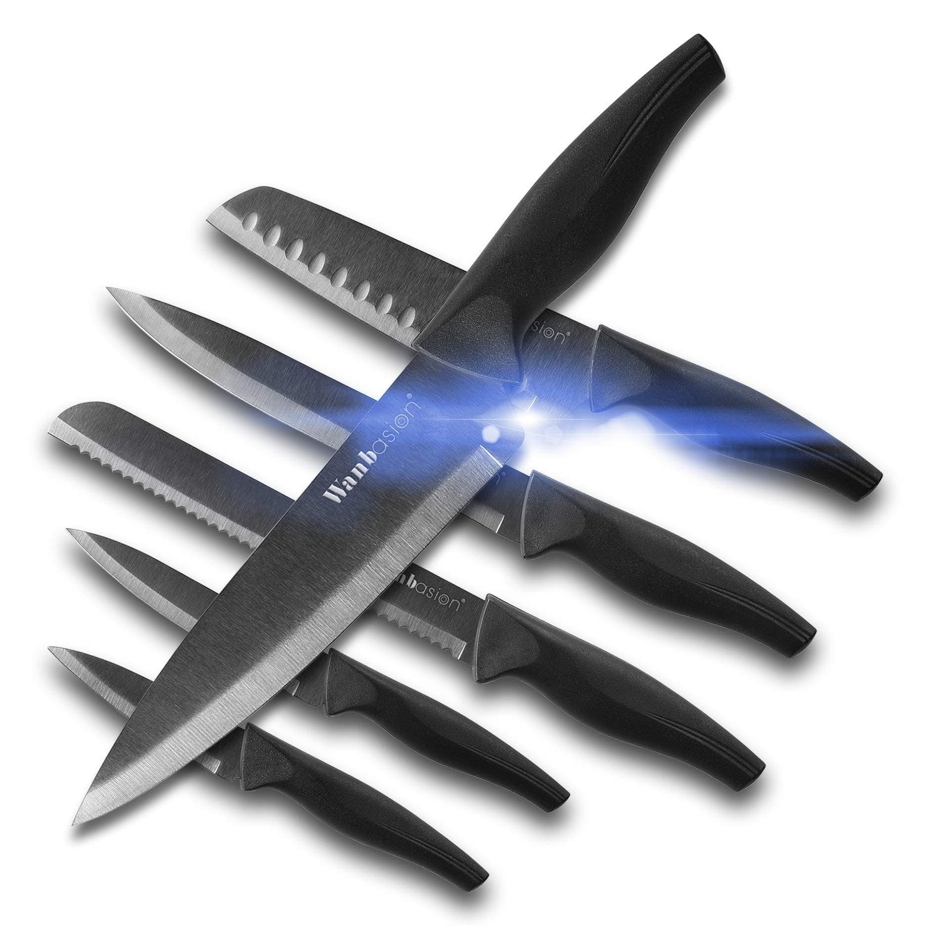 Wanbasion 12 Pieces Matte Black Titanium Plated Knife Set Stainless Steel Forged Kitchen Knife Set - Sharp Professional Knife Set with Sheath, Scratch Resistant & Rust Proof, For Chef Cooking Paring