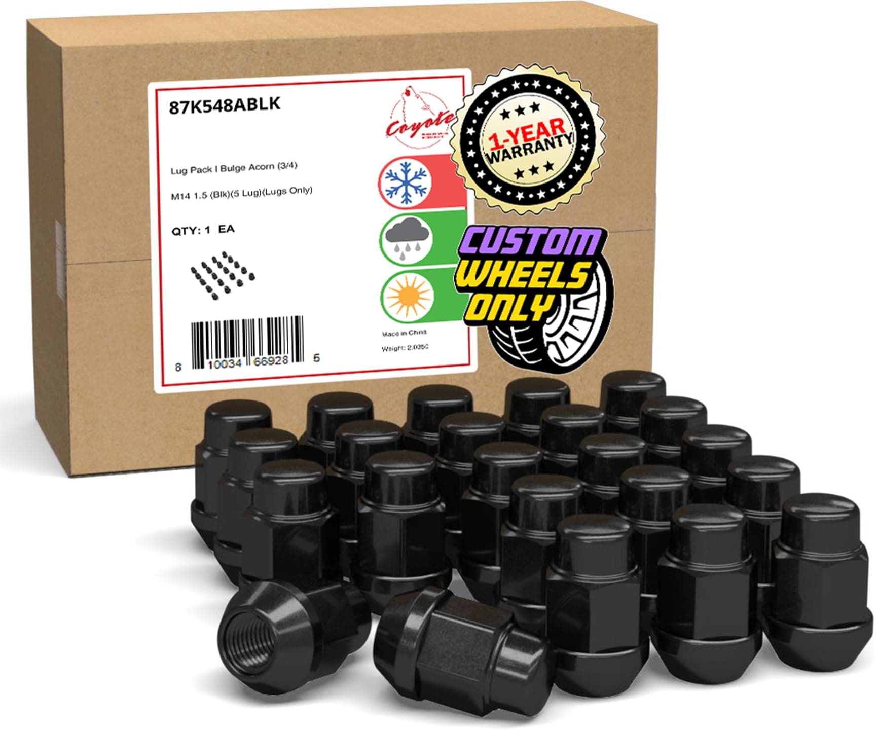 Wheel Accessories Parts 20 Pcs M14x1.5 14x1.5 Thread Bulge Acorn 1.4" Long Lug Nuts Black 3/4" 19mm Hex Fits Chevy Camaro Corvette | Dodge Charger Challenger | Ford Mustang | Jeep Wrangler