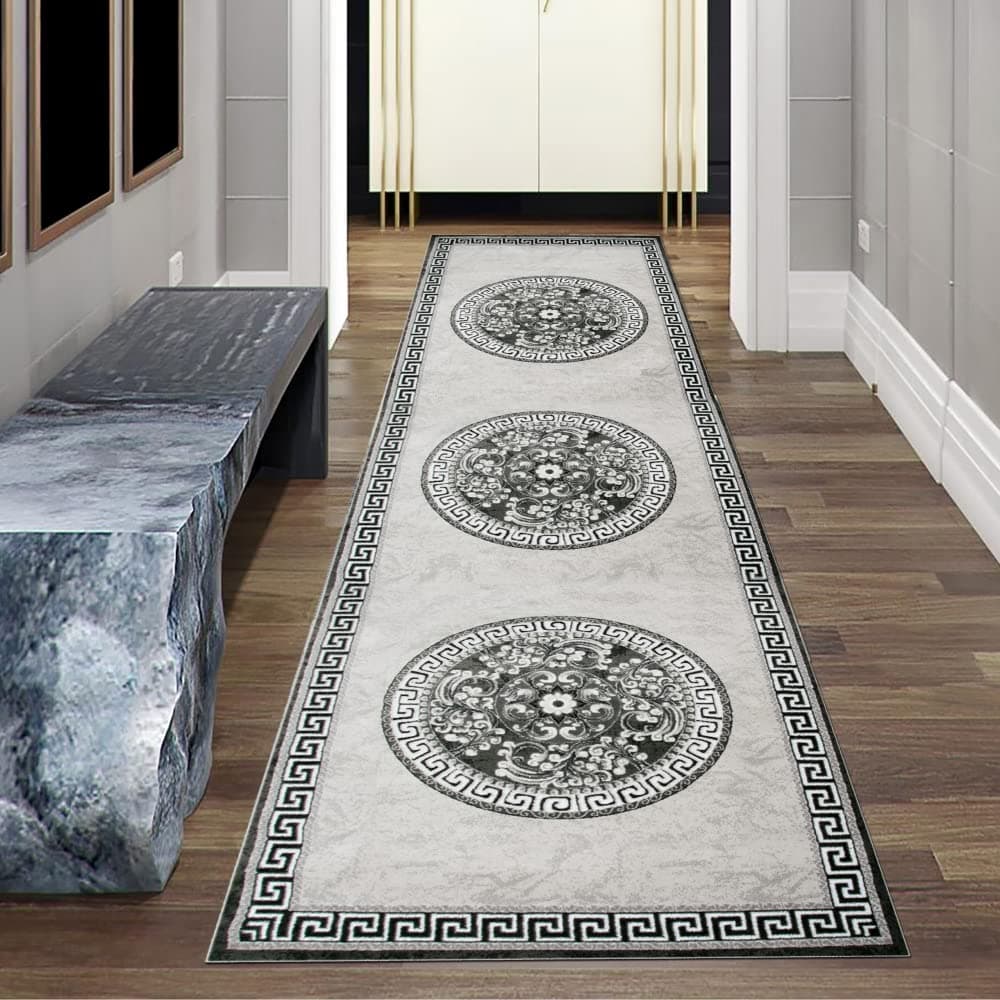 Traum Contemporary rug Design rug Oriental rug with glitter yarn Living room rug with border and creismate in gray anthracite cream size 80 x 300 cm