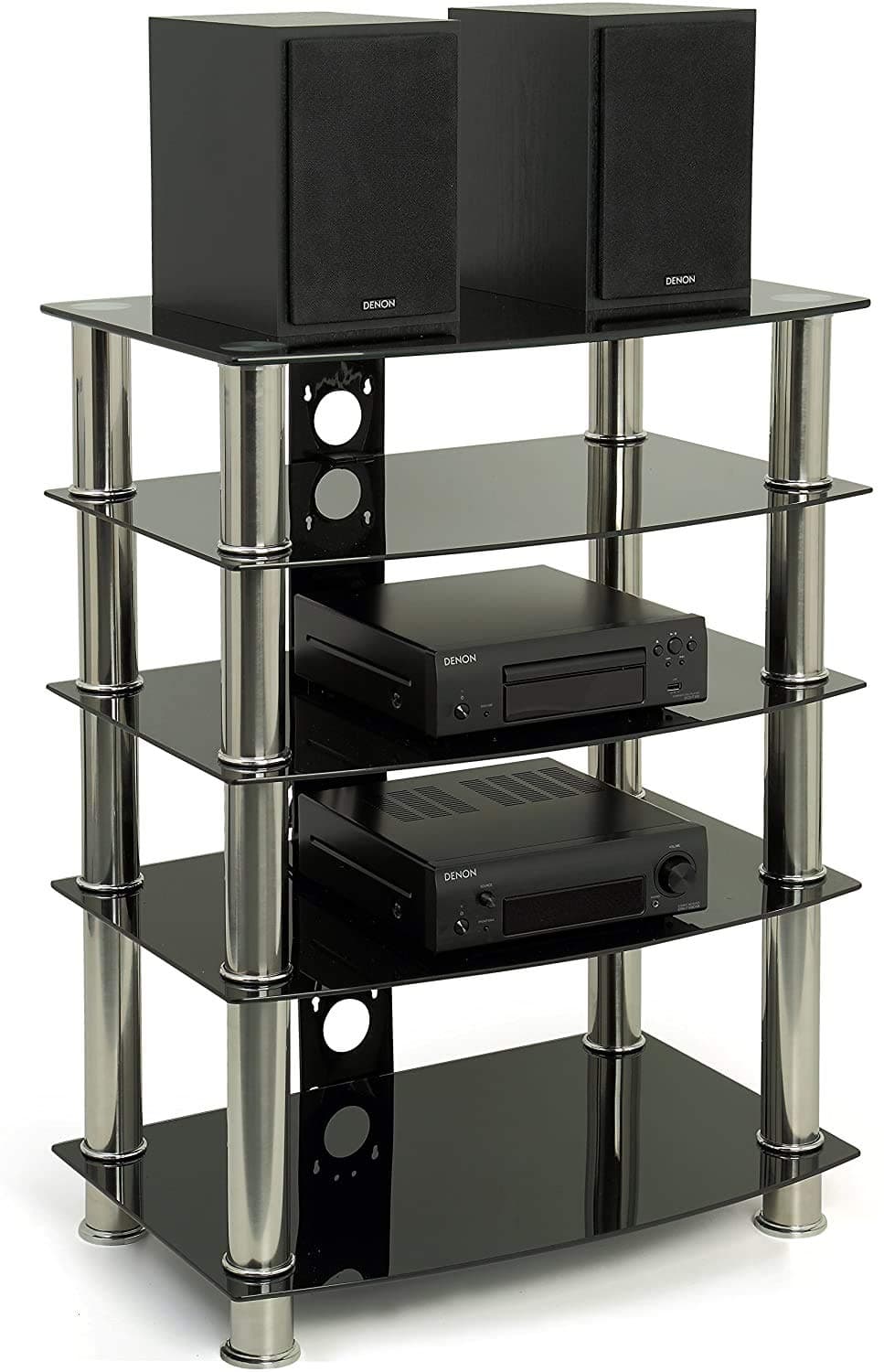 Centurion Supports GTS6 4-Shelf Gloss Black with Silver Legs Flat Screen TV/Hi-Fi/AV Rack Glass Stand