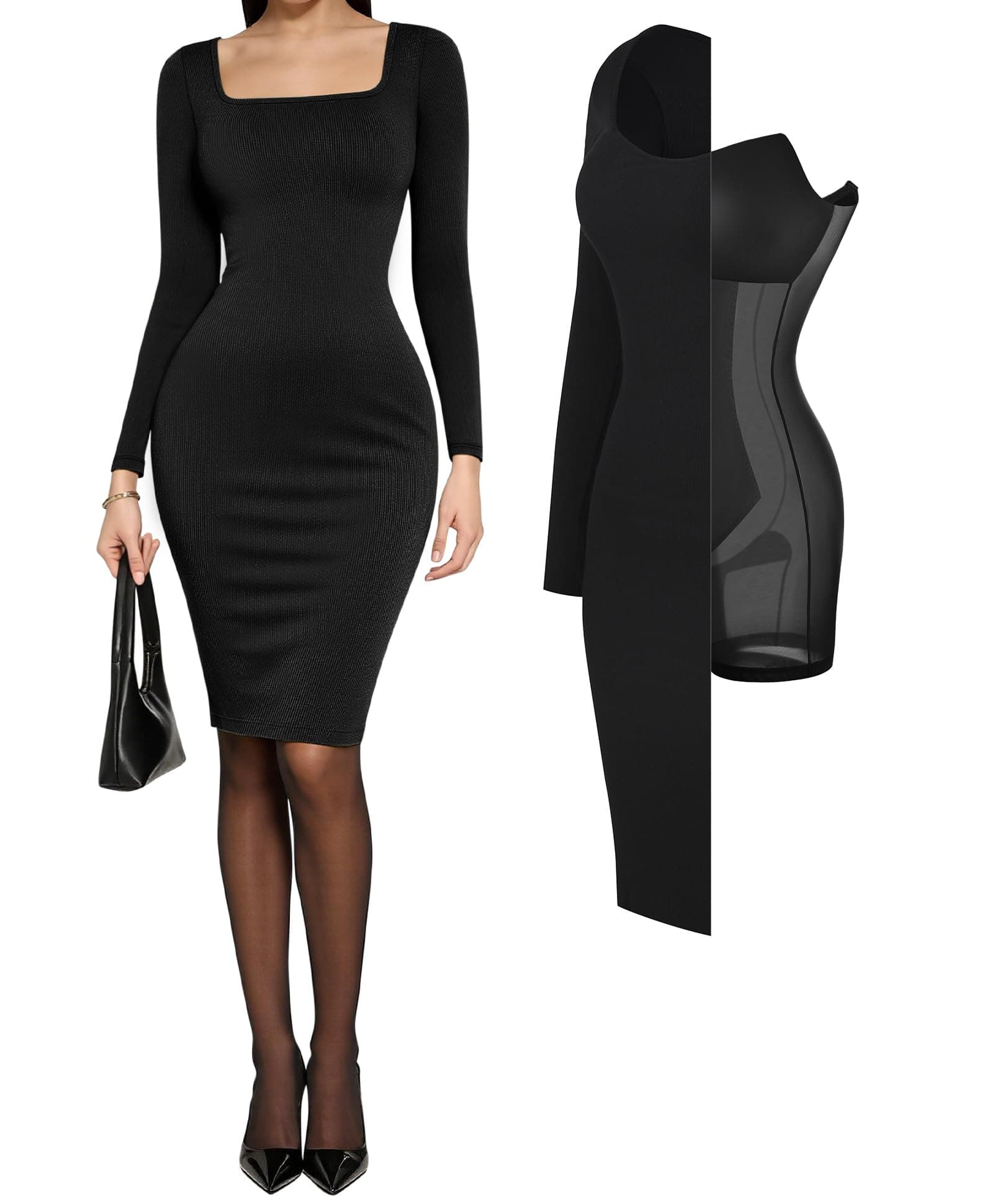 Cocktail Dress Long Sleeve Square Neck Midi Dress Shapewear Tummy Control Bodycon Dress Party Evening Built in Bra