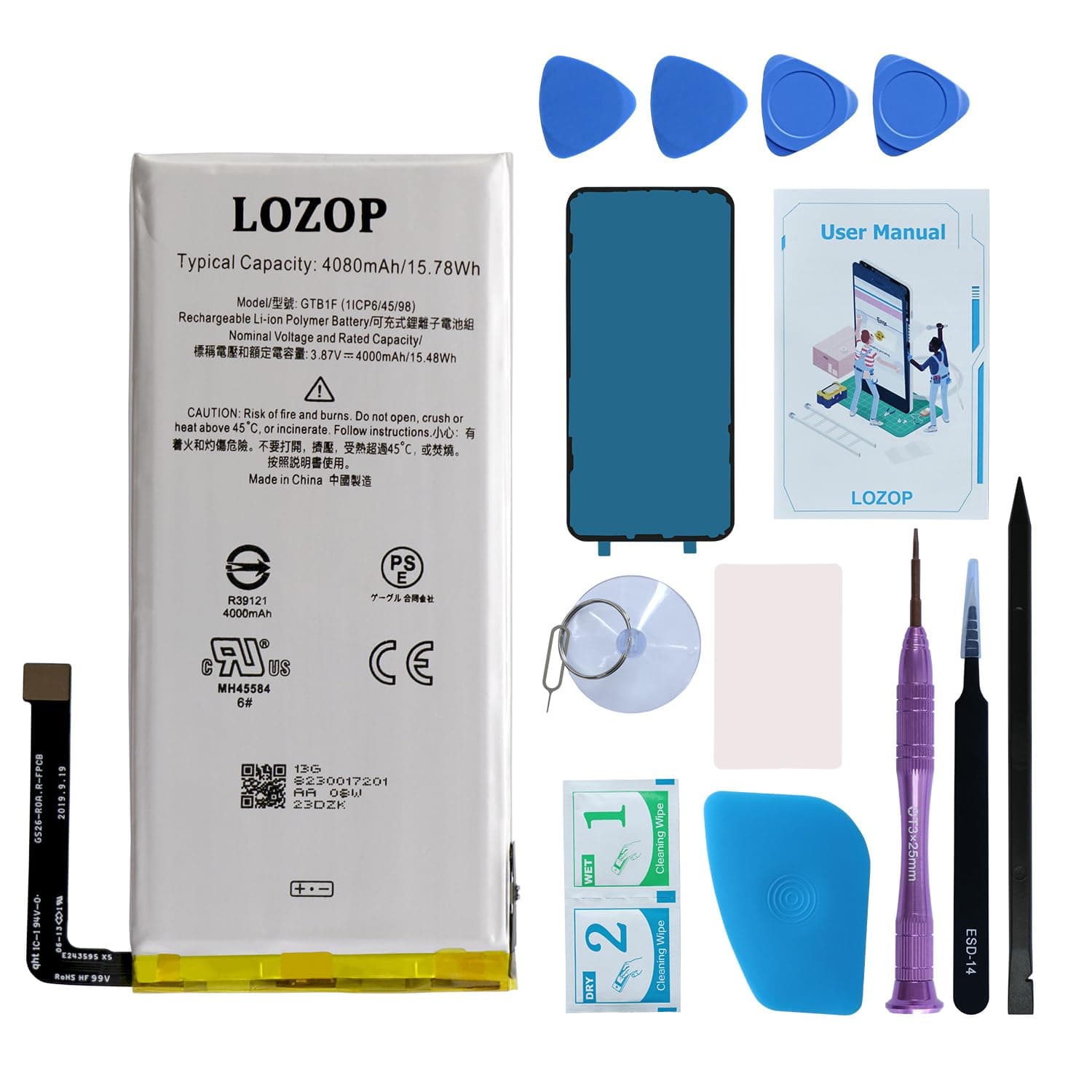 LOZOP for Pixel 5 Battery Replacement Kit, Replacement Battery for Google Pixel 5 Model GD1YQ, GTT9Q with Repair Tools Kit and User Manual