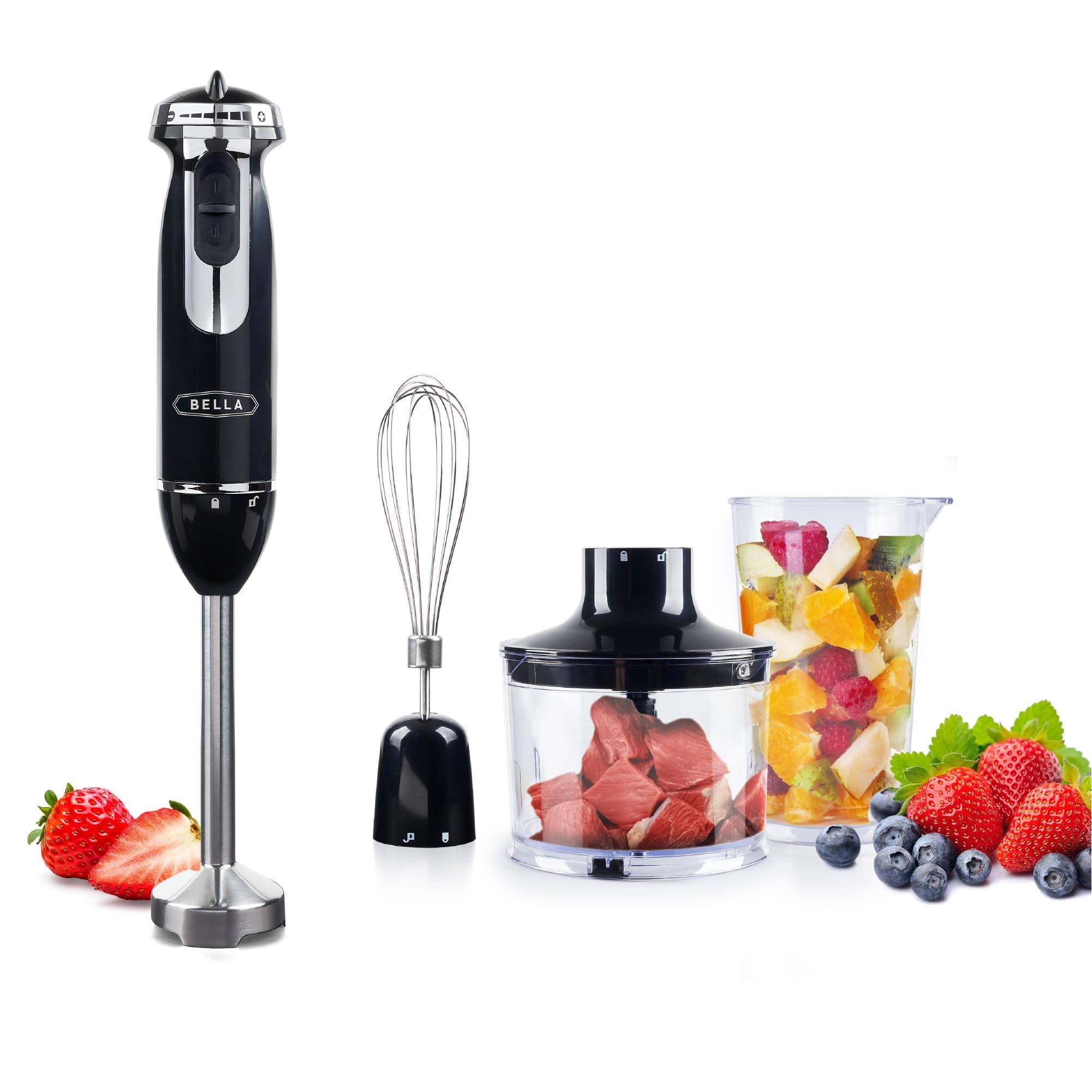 BELLA 10-Speed Immersion Blender with Attachments, 350 Watt, Immersion Blender with Dishwasher Safe Whisk & Blending Attachments for Food Prep (14769) Black