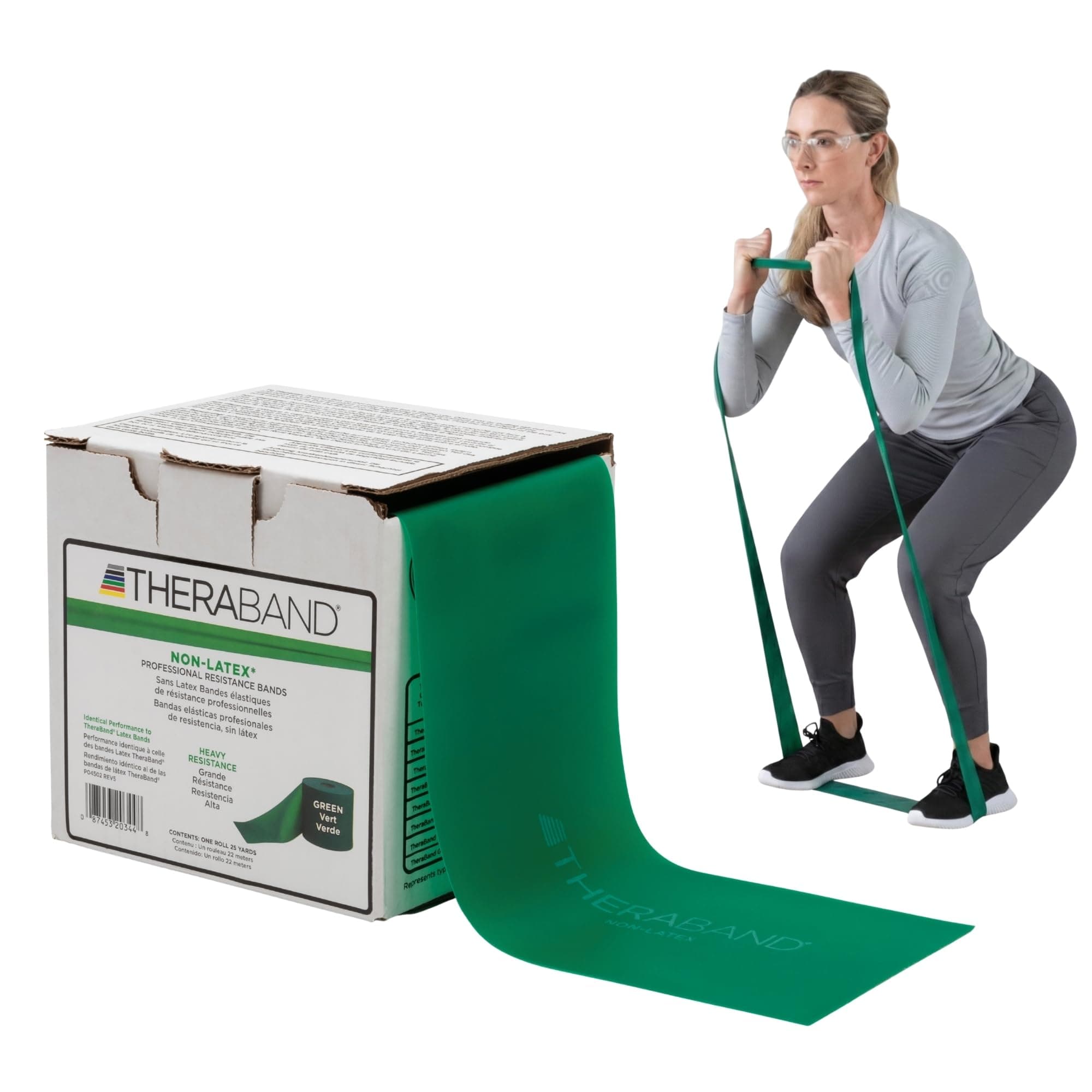 Resistance Band 25 Yard Roll, Heavy Green Non-Latex Professional Elastic Bands For Upper & Lower Body Exercise Workouts, Physical Therapy, Pilates, Rehab, Dispenser Box, Intermediate Level 1