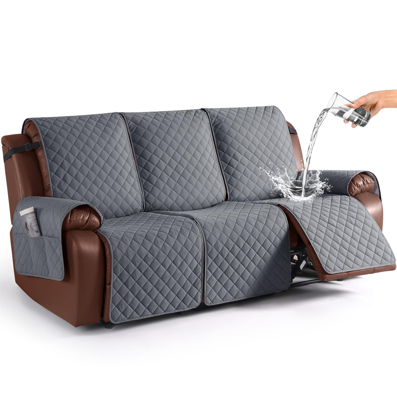 KinCam Waterproof Recliner Sofa Cover, Non-Slip Reclining Couch Covers for 3 Seat, Recliner Couch Cover Furniture Protector with Elastic Straps for Pets, Kids, Dark Gray