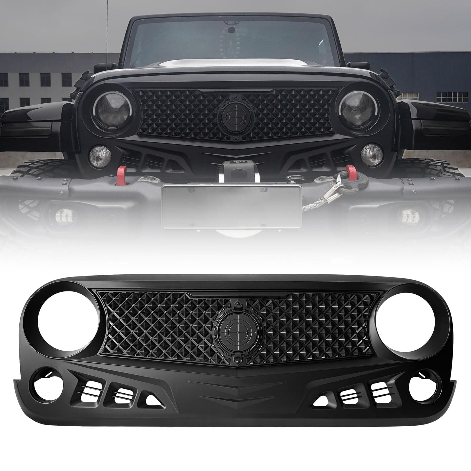 Front Grill with Mesh Matte Black Grille For Jeep Wrangler 2007-2018 Rubicon Sahara Sport JK JKU (Siege)