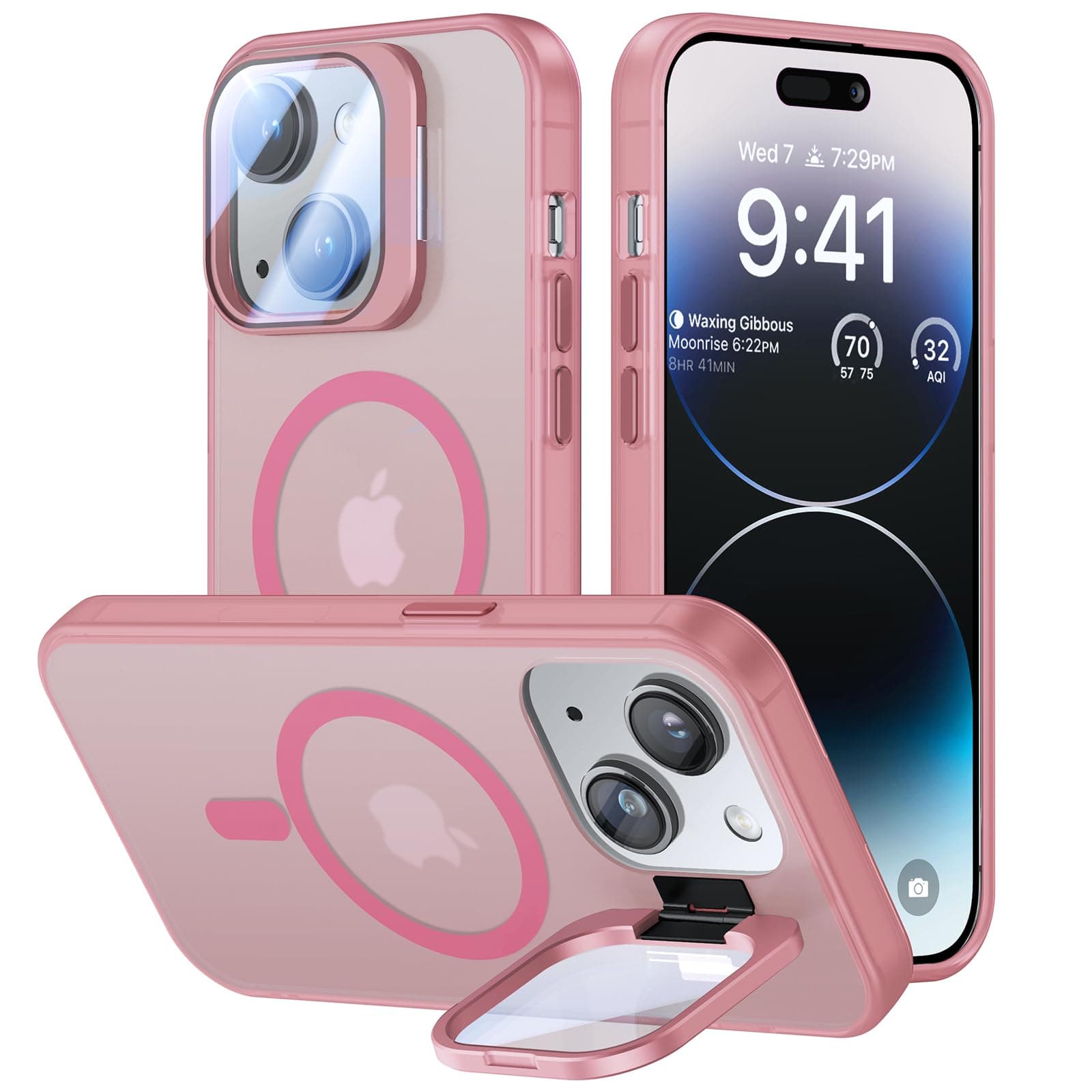 for iPhone 13 Case/iPhone 14 Case with Camera Cover Stand [Built-in 9H Camera Lens Protector][Fit for Magsafe] Military Grade Shockproof Translucent Matte Magnetic Phone Case 6.1",Pink