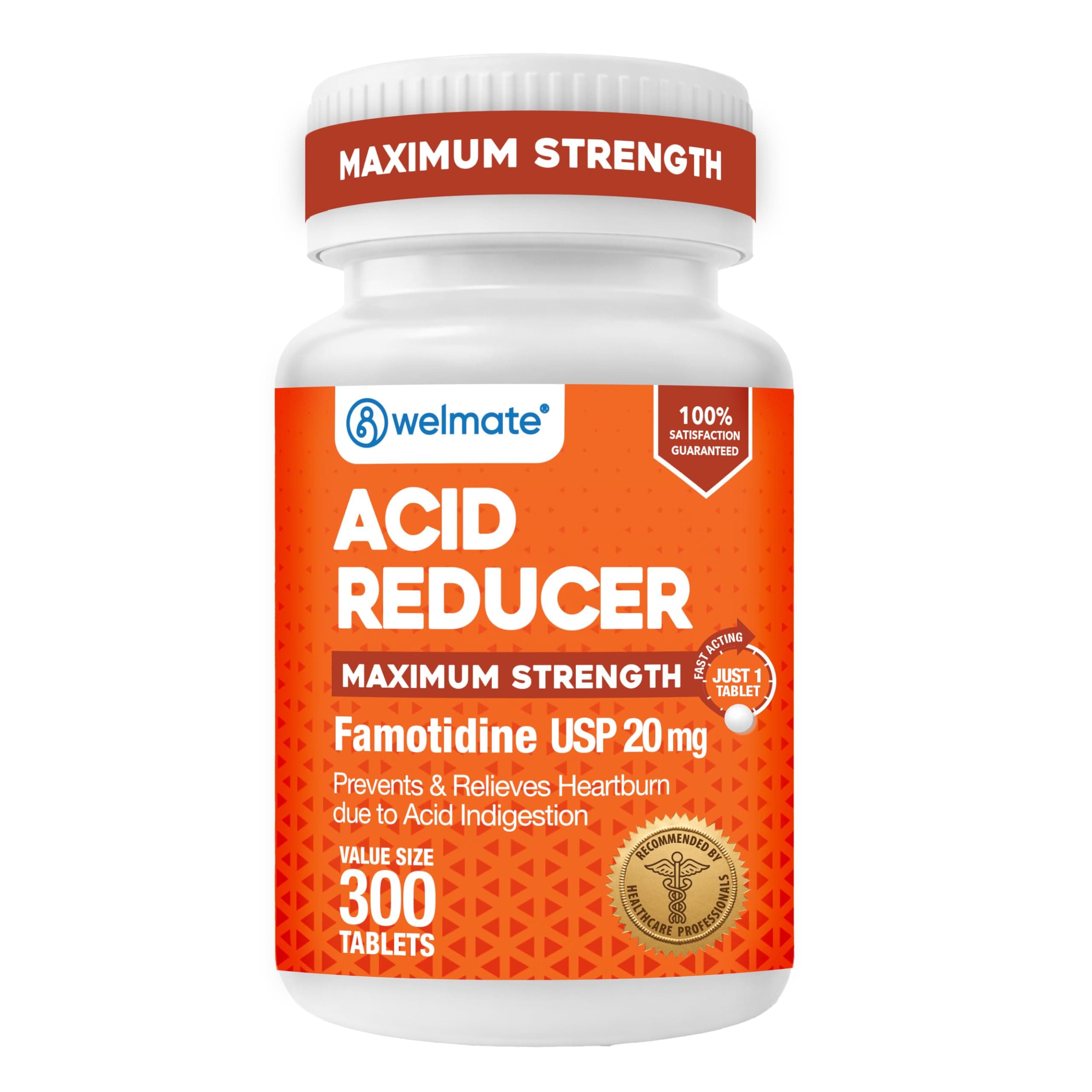 WELMATE - Famotidine Acid Reducer, 20mg - Maximum Strength - Heartburn Relief - Acid Indigestion - Stomach Relief - Works in 15 Minutes, 12 Hour Relief - Generic Medication - Value Size - 300 Tablets
