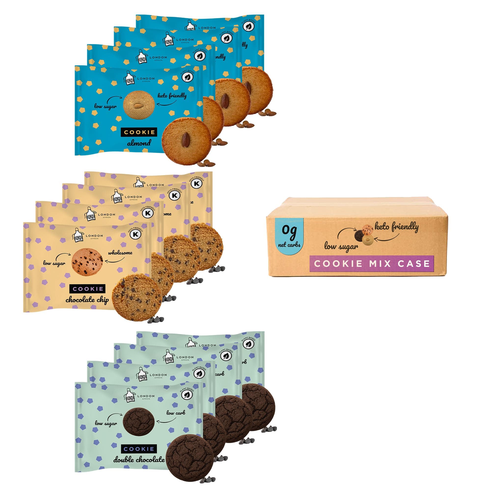 12 London Apron Keto Cookies – Soft Baked Mixed Flavours Box | 0 g Net Carbs • Low Carb Sugar Free Biscuits for Diabetics & Vegan Snack Made in UK (Chocolate Chip, Almond and Double Choc)