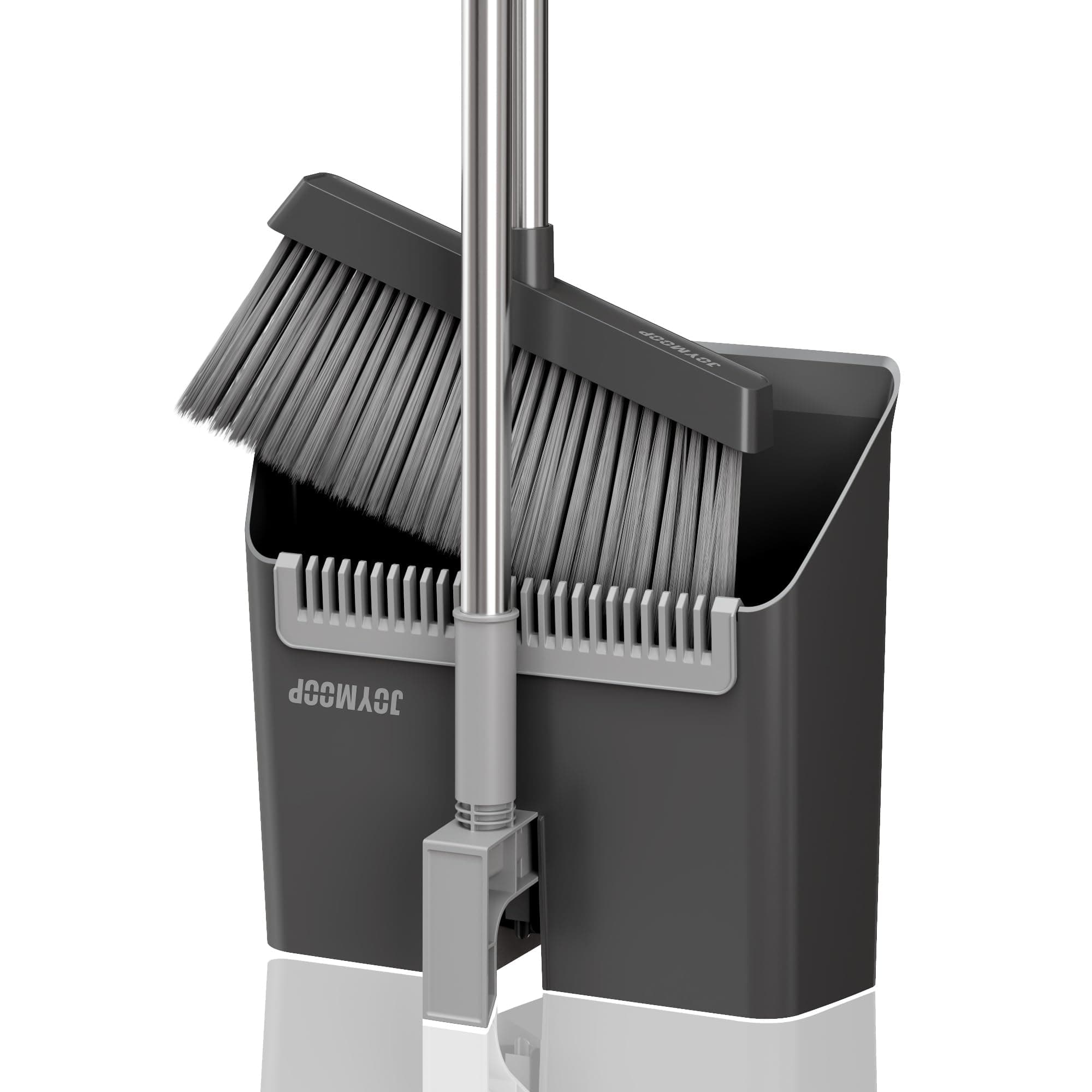 JOYMOOP Black Broom and Dustpan Set, Upright Angle Design with Built-in Comb Teeth for Home, Office, Hardwood Floors, Pet Hair