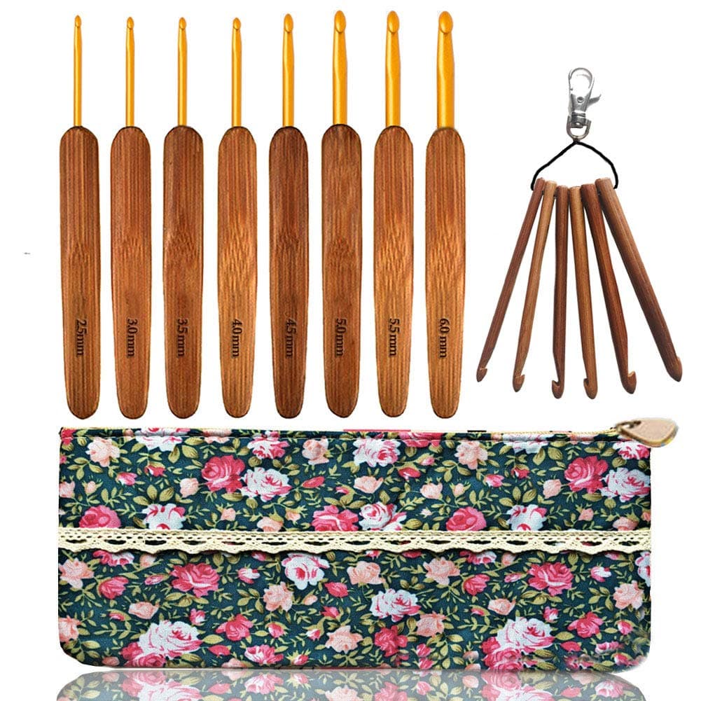 Bamboo & Aluminum Crochet Hooks Knitting Needles Ergonomic Bonus Mini Keychain Crochet Hook in Case,Best Gift