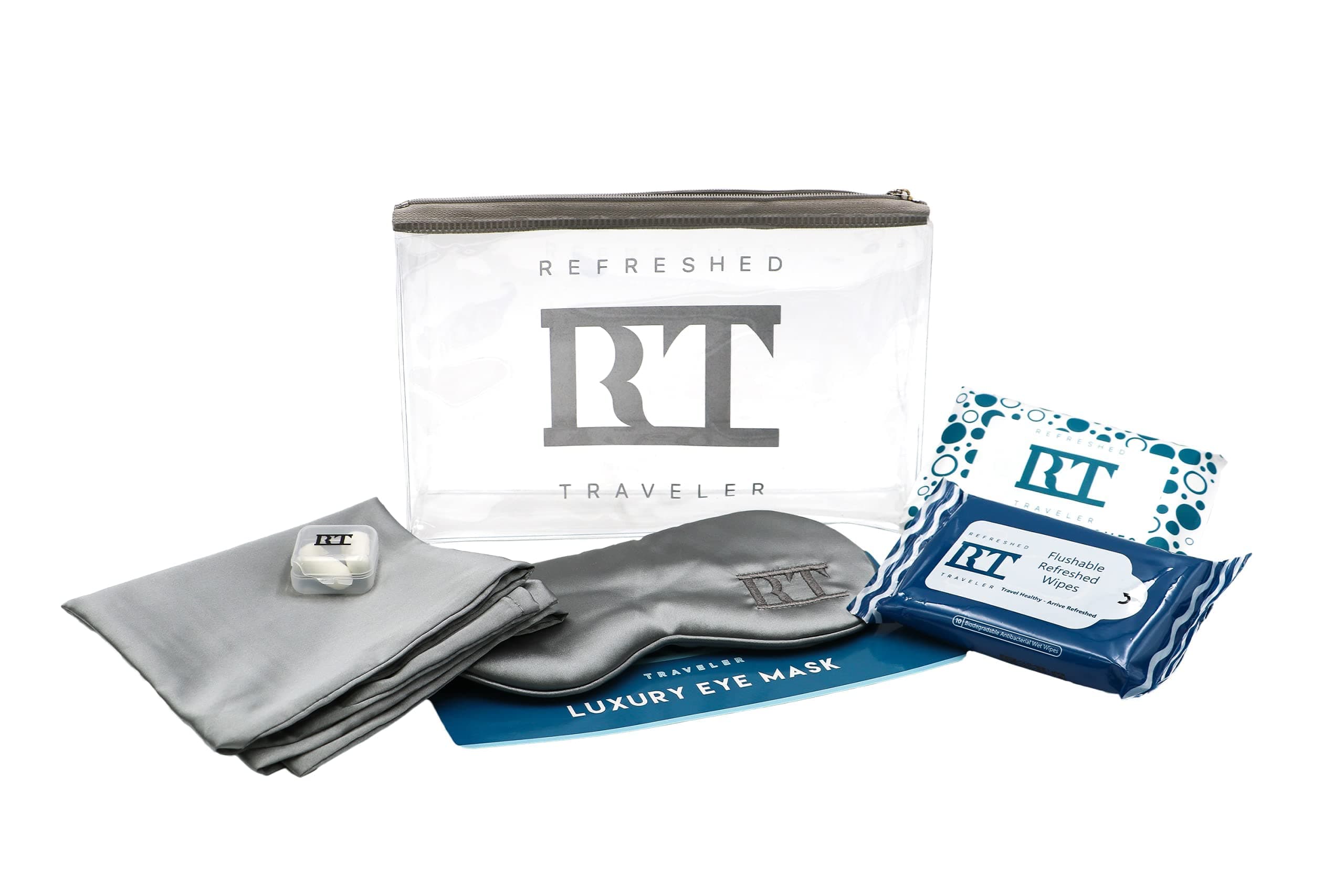 First Class Kit, International Travel, TSA Approved, Satin Eye Mask, Travel Pillowcase, Ear Plugs, Antibacterial Wipes, Travel Tissues, Perfect Overnight International Flights, Refreshed Traveler