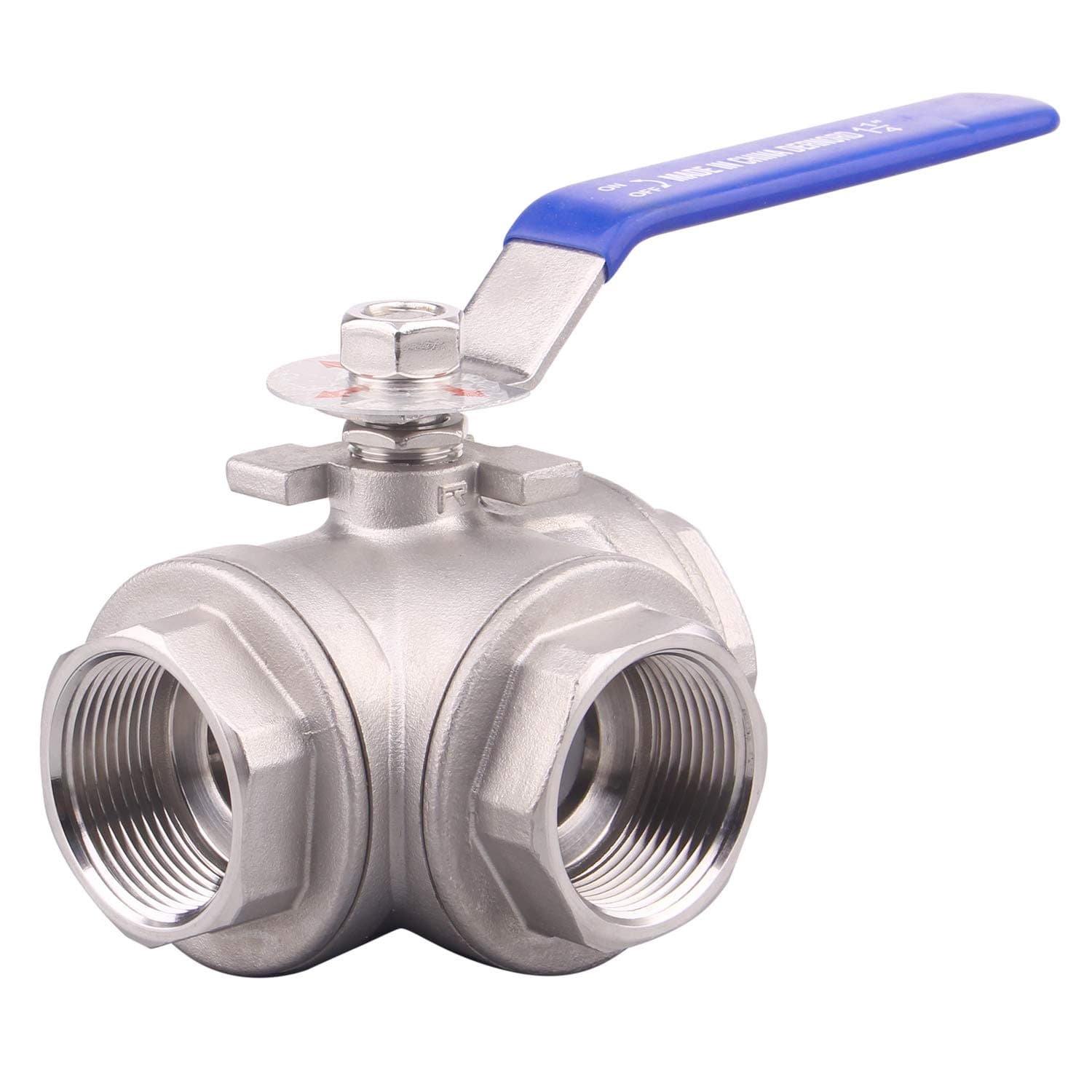 DERNORD 3-Way Ball Valve, T Mounting Pad, Stainless Steel 304 Female Type for Water, Oil, and Gas with Vinyl Locking Handle (1 1/4 Inch NPT)