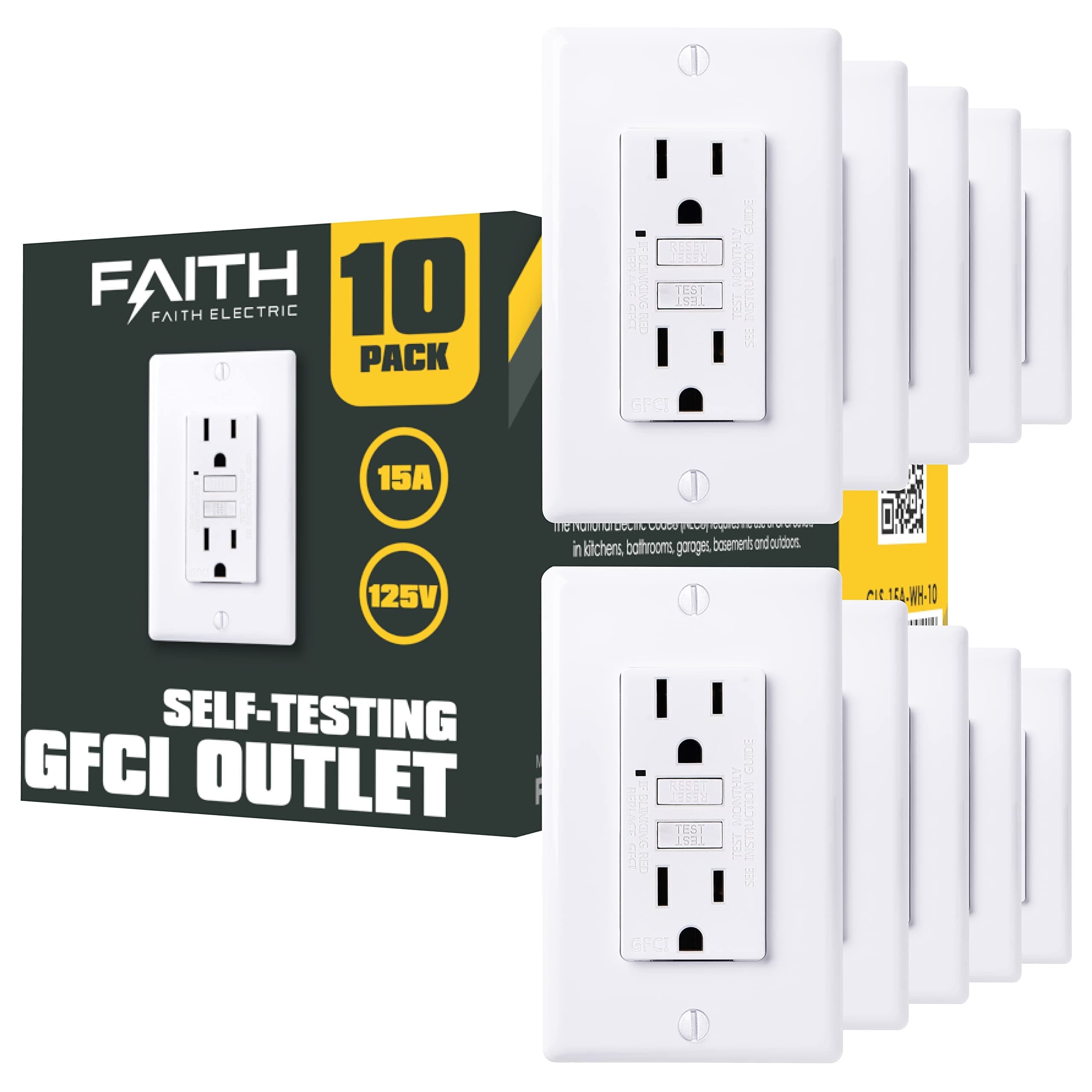 Faith [10-Pack] 15A GFCI Outlets, ETL Listed, Non-Tamper-Resistant GFI Duplex Receptacles with LED Indicator, Self-Test Ground Fault Circuit Interrupter with Wall Plate, White, 10 Piece