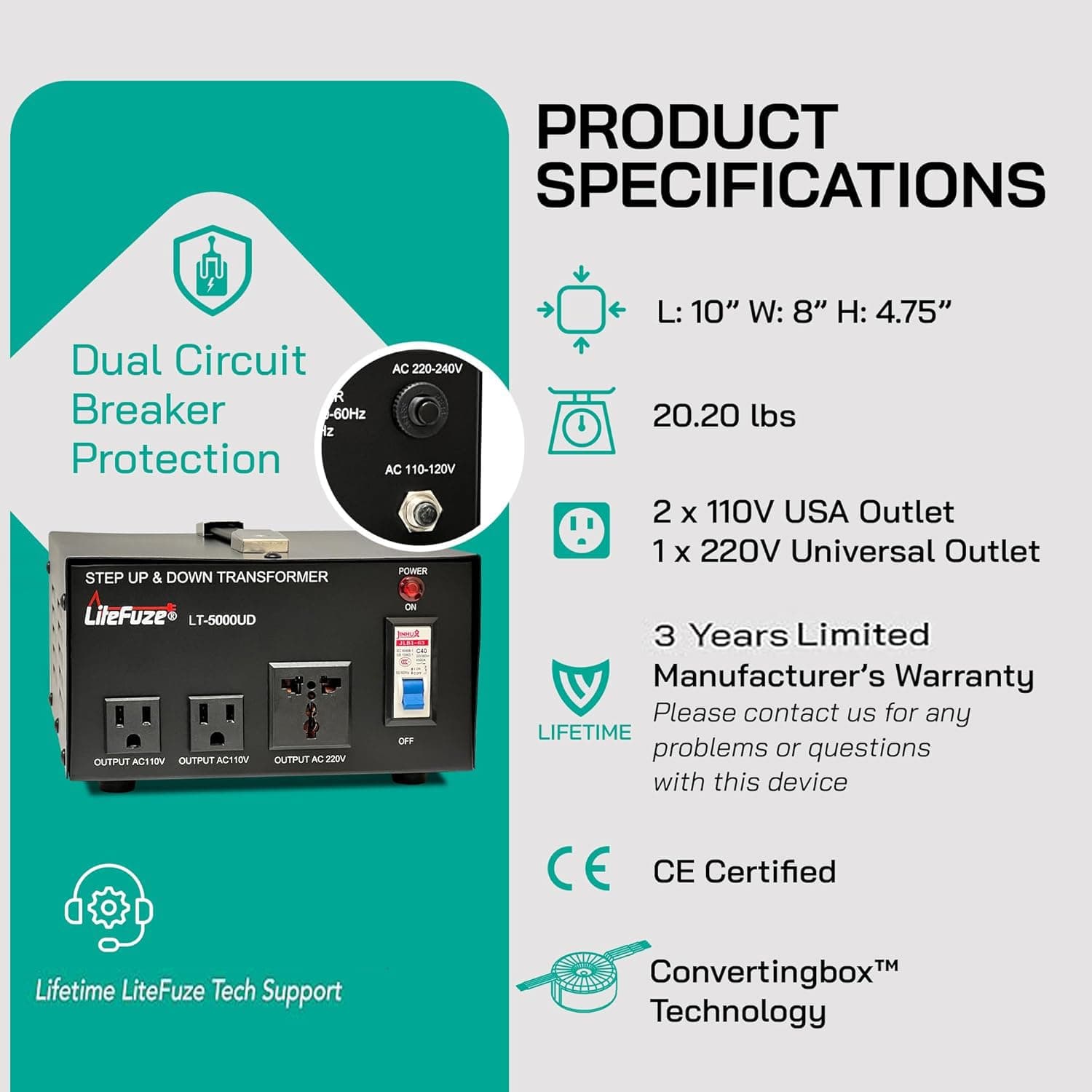 LiteFuze 5000 Watt Voltage Converter Transformer Step Up/Down 110v to 220v / 220v to 110v Power Converter Fully USA Grounded Cord Universal Outlet Socket, 2x US Outlets CE Certified