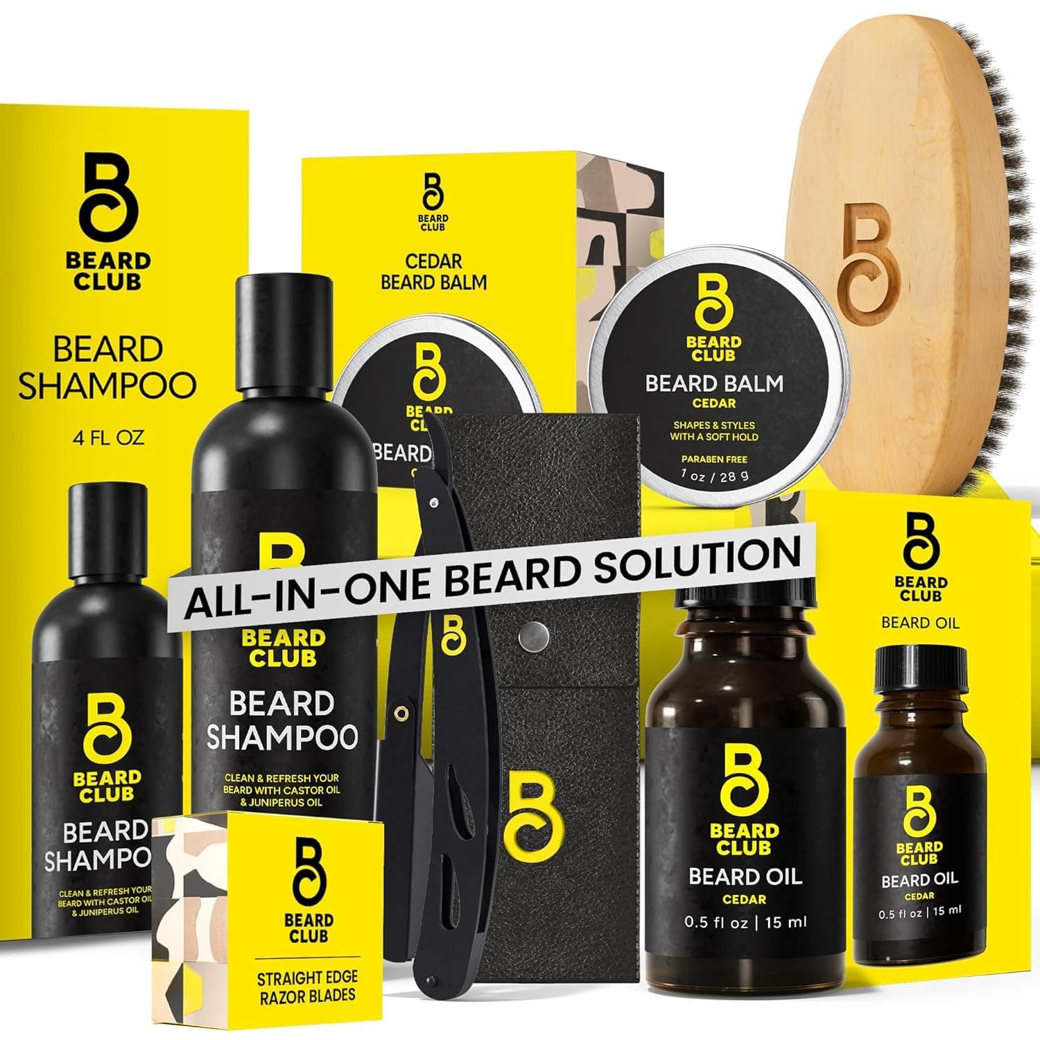 Beard Care Kit & Mens Grooming Kit - Essentials for a Healthier Looking, Stylish Facial Hair - Straight Edge Razor, Shampoo, Cedar Balm & Oil, and Boar Bristle Brush