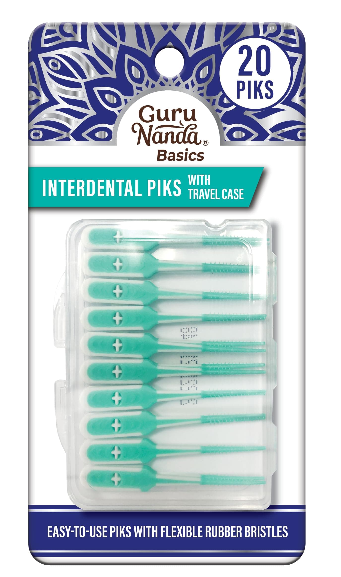 Interdental Picks with Travel Case - Floss Tooth Pick for Teeth Cleaning - Flexible Rubber Bristles - 20 Picks