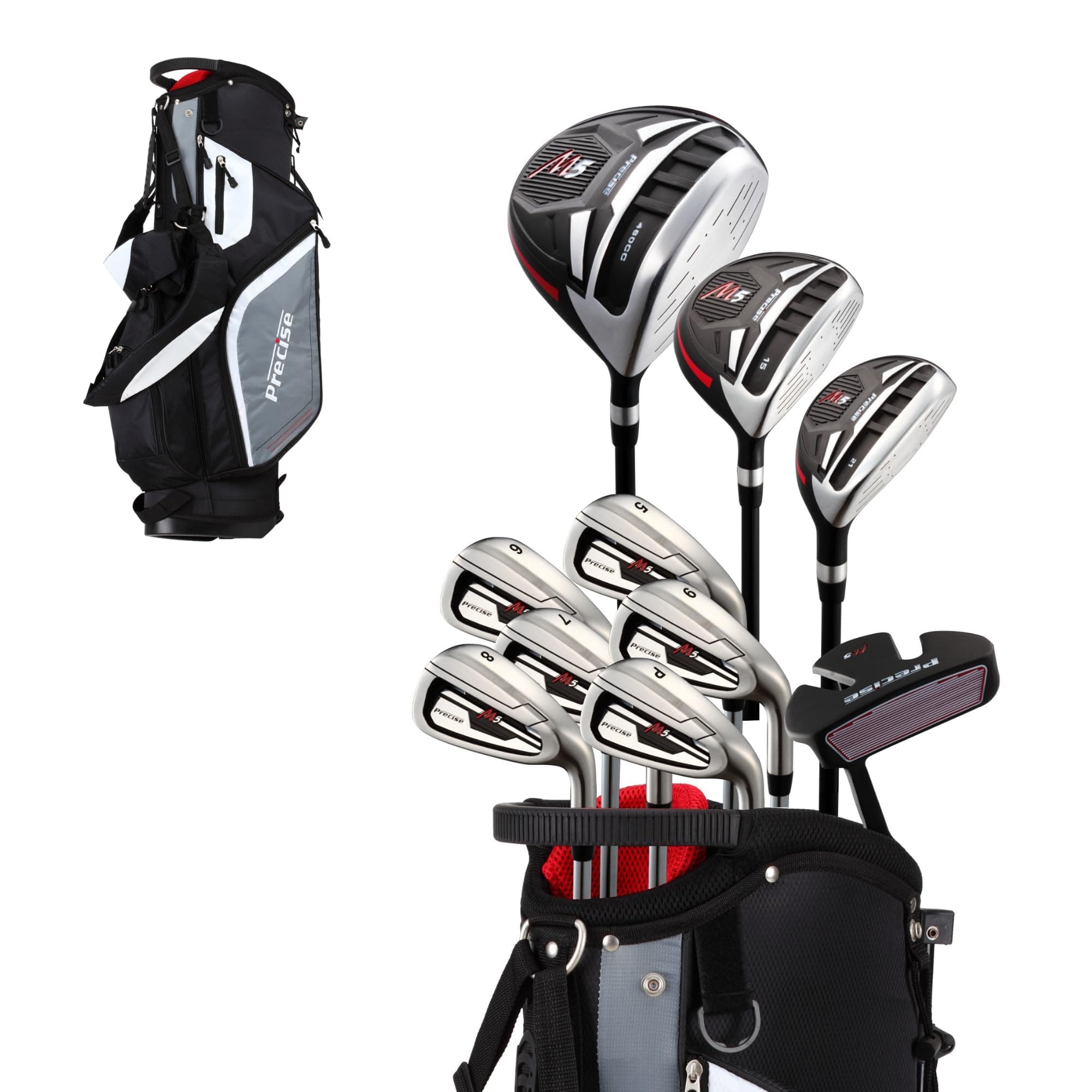 M5 Men's Complete Golf Clubs Package Set Includes Titanium Driver, S.S. Fairway, S.S. Hybrid, S.S. 5-PW Irons, Putter, Stand Bag, 3 H/C's