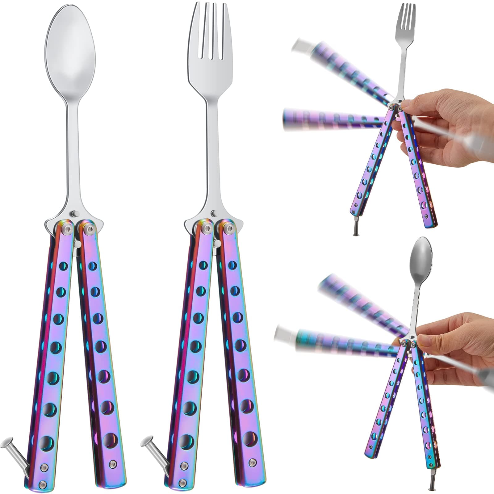 Flutesan 2 Pcs Butterfly Fork and Spoon Set, Tactical Butterfly Spoon Folding Stainless Steel Spork Utensil Set Balisong Trainer for Travel Camping Hunting BBQ Kitchen(Colorful)