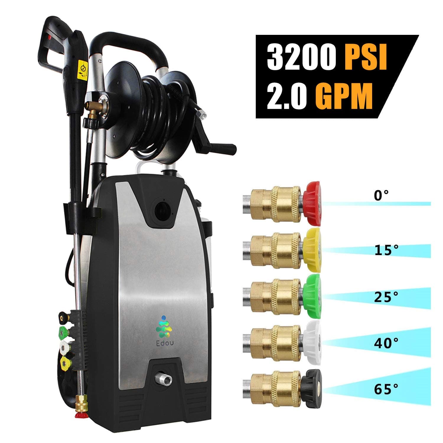 EDOU 3200 Max PSI 2.0 GPM Electric Pressure Washer,Including Power Washer Gun,Nozzles,High Pressure Hose with Hose Reel