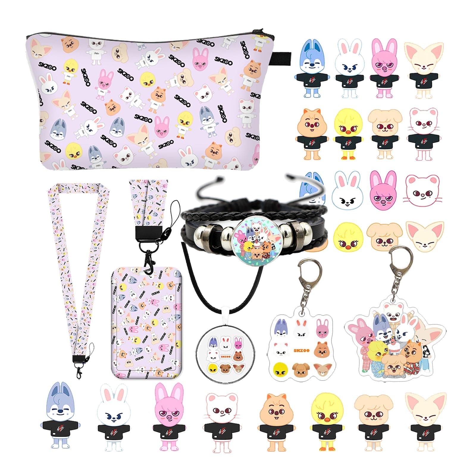 Stray Kids Merch Gift Set, SKZOO Makeup Bag Set includes Makeup Bag, Keychain, Bracelet, Necklace, Button Pin, Tattoo Stickers