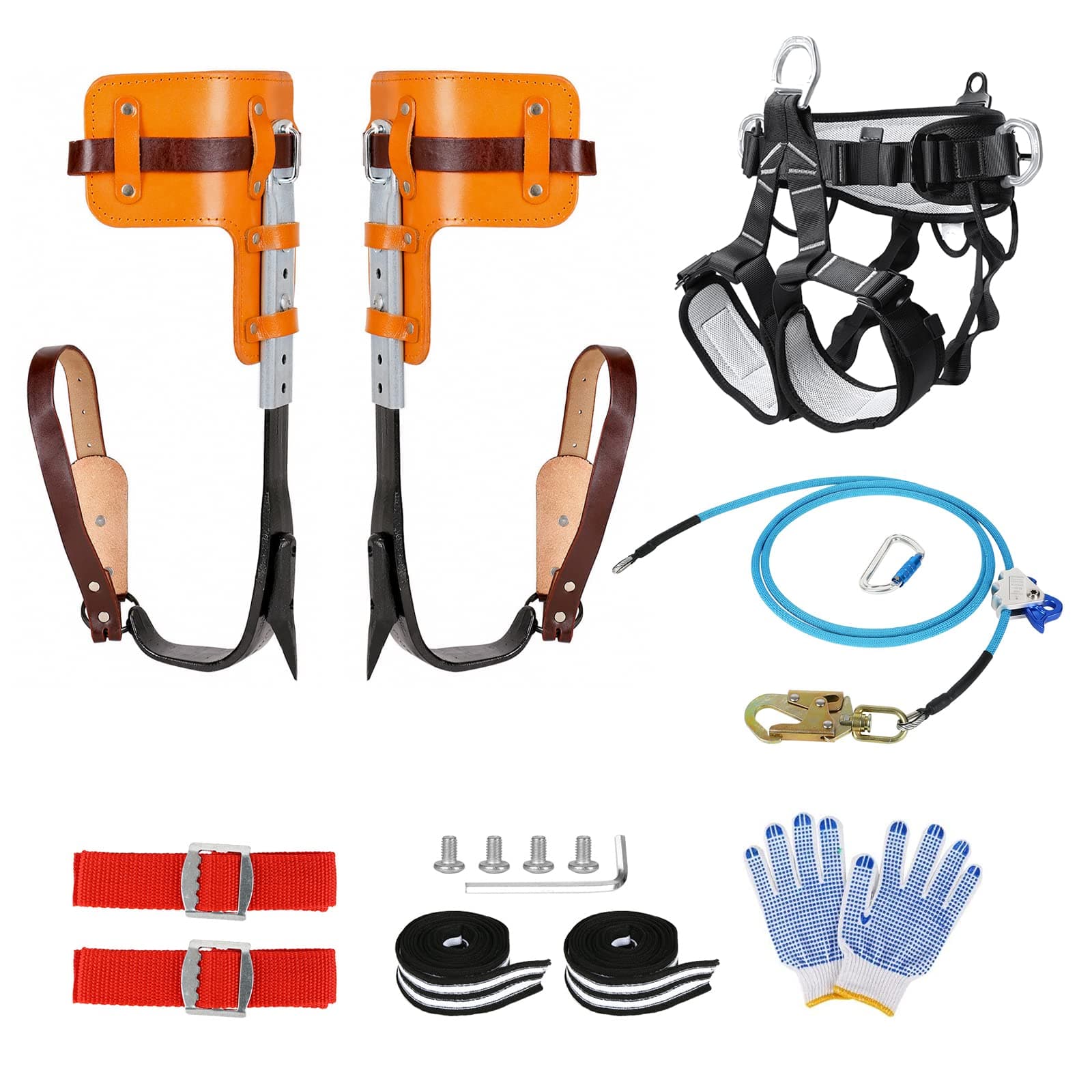 Upgrade Cowhide Tree Climbing Spikes, Adjustable Tree Climbing Gear with Climbing Belt and Steel Wire Core Flip Line, Climbing Tools Kit with Triple Lock Lanyard Adjuster, for Sports, Working