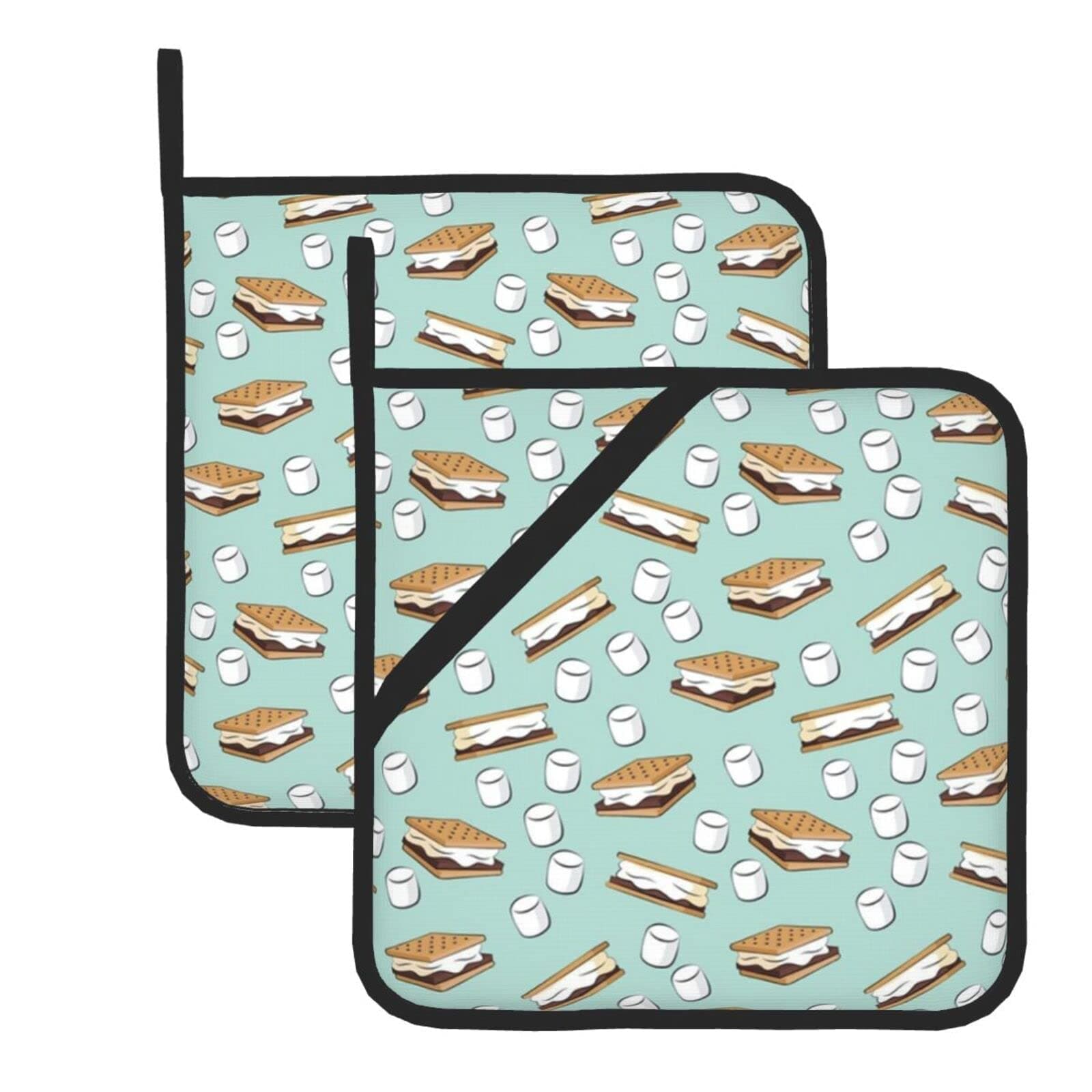 Mores Marshmallows On Dark Mint Pot Holders Sets, Heat Resistant Potholders With Soft Cotton Infill For Cooking Baking Bbq Grilling (2-Piece Sets)