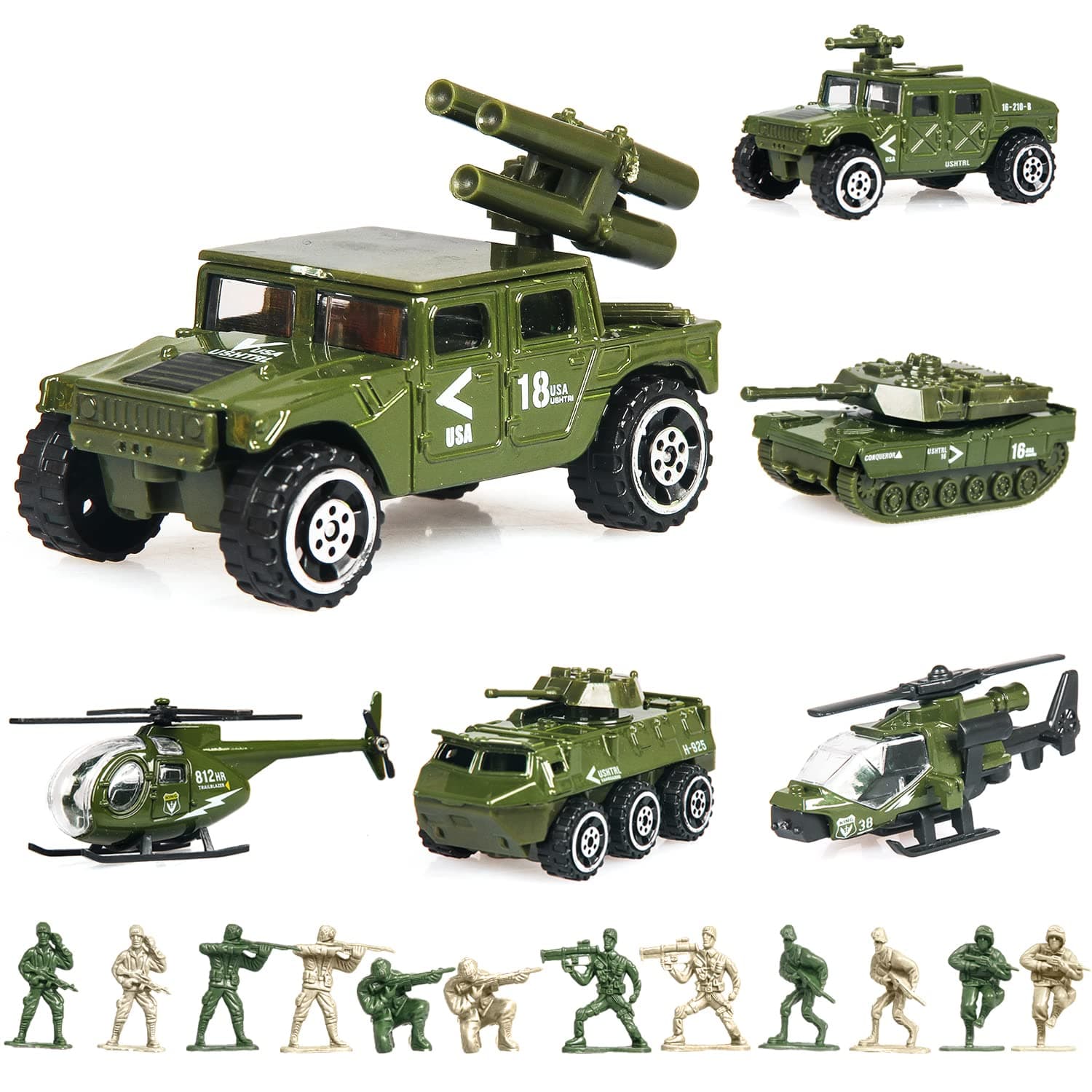 – 18 Pack Die-cast Military Vehicles Sets - 6 Pack Assorted Alloy Metal Models - 12 Pack Soldier Army Men, Mini Army Toy Tank, Panzer, Anti-Air Vehicle, Helicopter Playset for Boys