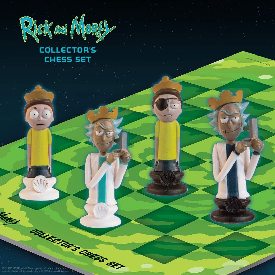 The Op Games Rick and Morty Collector's Chess Set | Collectible 32 Custom Sculpted Chess Pieces Adult Swim Rick and Morty Good and Evil Characters | Officially Licensed Rick and Morty Chess Set