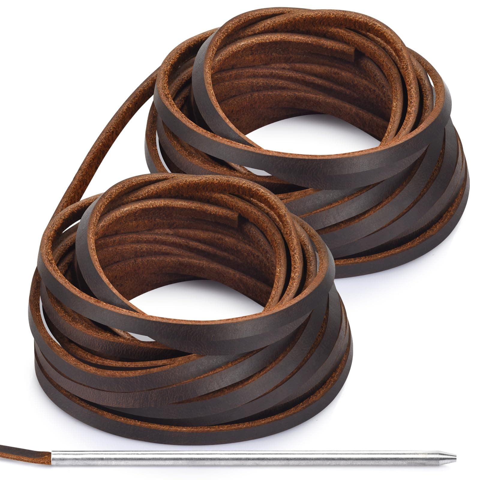 10 Yards Flat Genuine Leather Laces, Leather Strips Cord, Full Grain Cowhide Straps String for Braided, Braiding, Shoes, Jewelry Making and Craft (4MM_Dark Brown_1 Lacing Needle)