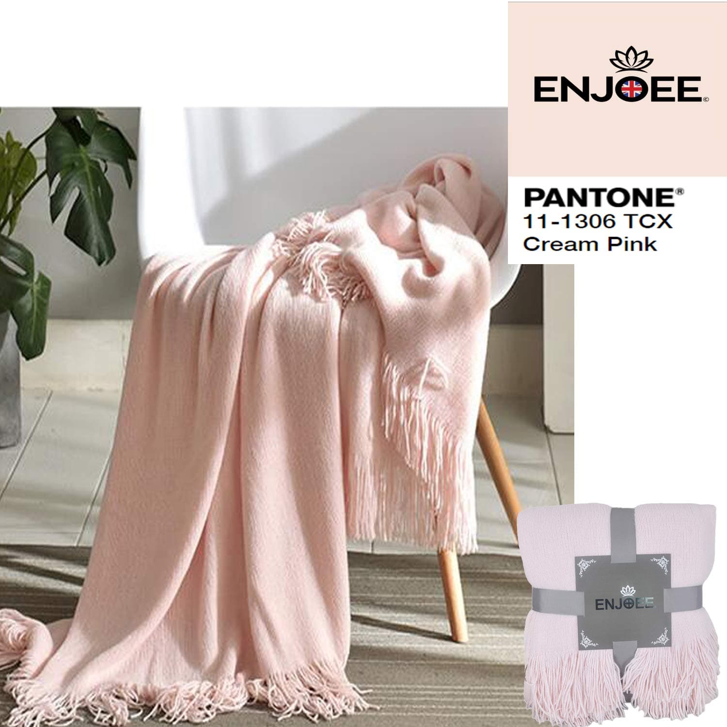 ENJOEE Throw Blanket Lightweight Throw Blanket Super Soft Decorative Knitted Blankets with Fringe for Sofa Couch Home Decor, 50 x 60 inch,Cream Pink