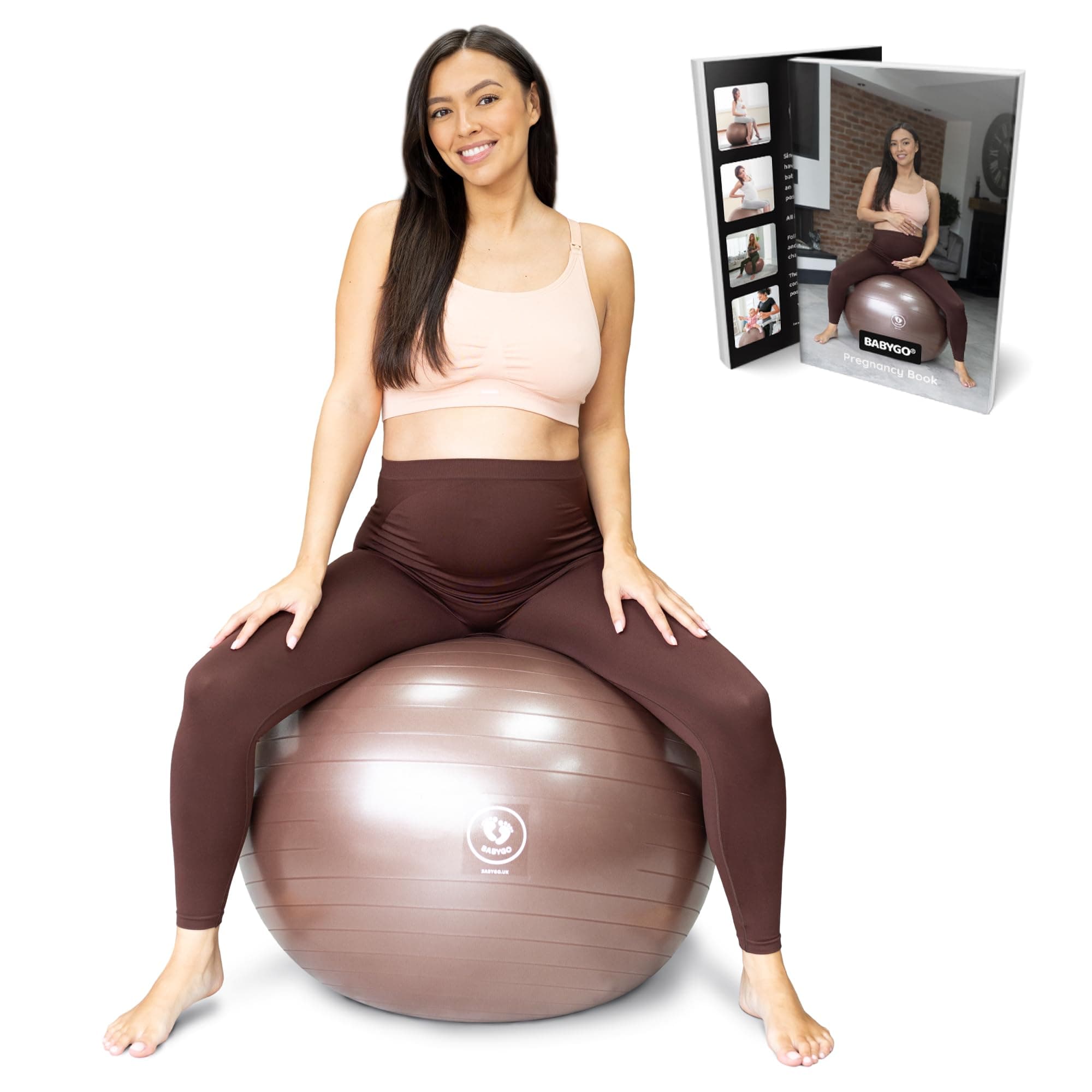 BABYGO® Birthing Ball For Pregnancy Maternity Labour & Yoga + Our 100 Page Pregnancy Book, Exercise, Birth & Recovery Plan, Anti-Burst Eco Friendly Material (Mocha, 65cm)