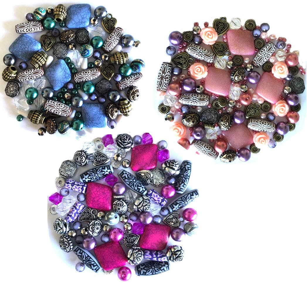 3 x Packs of Jewellery Making Beads Beautiful Selection of Mixed Acrylic in Pink Blue & Fuschia