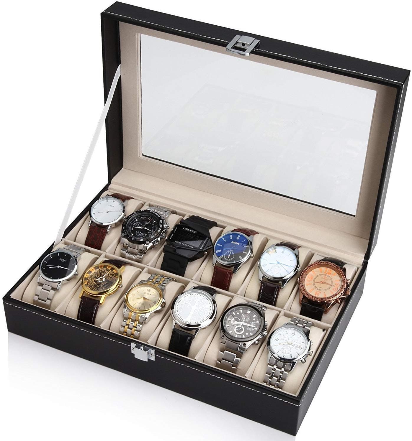 SAPUSAPU Black Leather 12 Watch Box Case Organizer Display Storage Tray for Men & Women