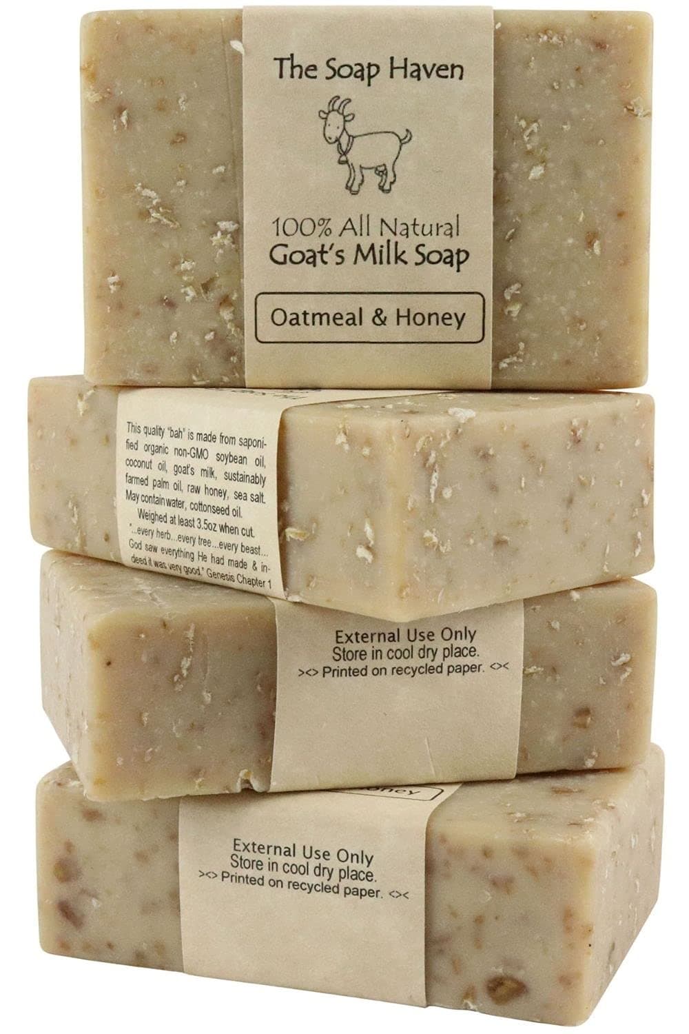 Oatmeal Soap - 4 Oatmeal & Honey Goat Milk Soap Bars, Handmade in USA, All Natural, Unscented, SLS Free, No Parabens