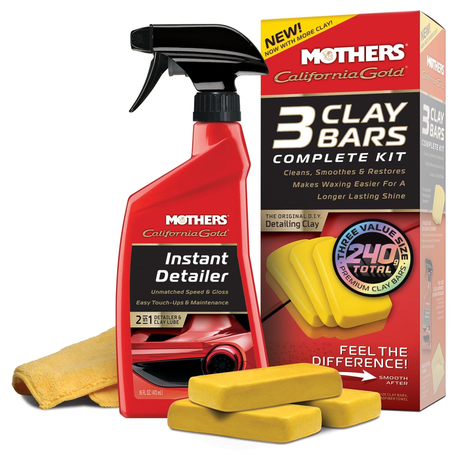 Mothers California Gold 3 Clay Bar Complete Kit, 3 80-gram Clay Bars + 16 oz. Instant Detailer + Microfiber Towel — Removes Contaminants, Restores Brilliance & Smoothness of Paint (07240)