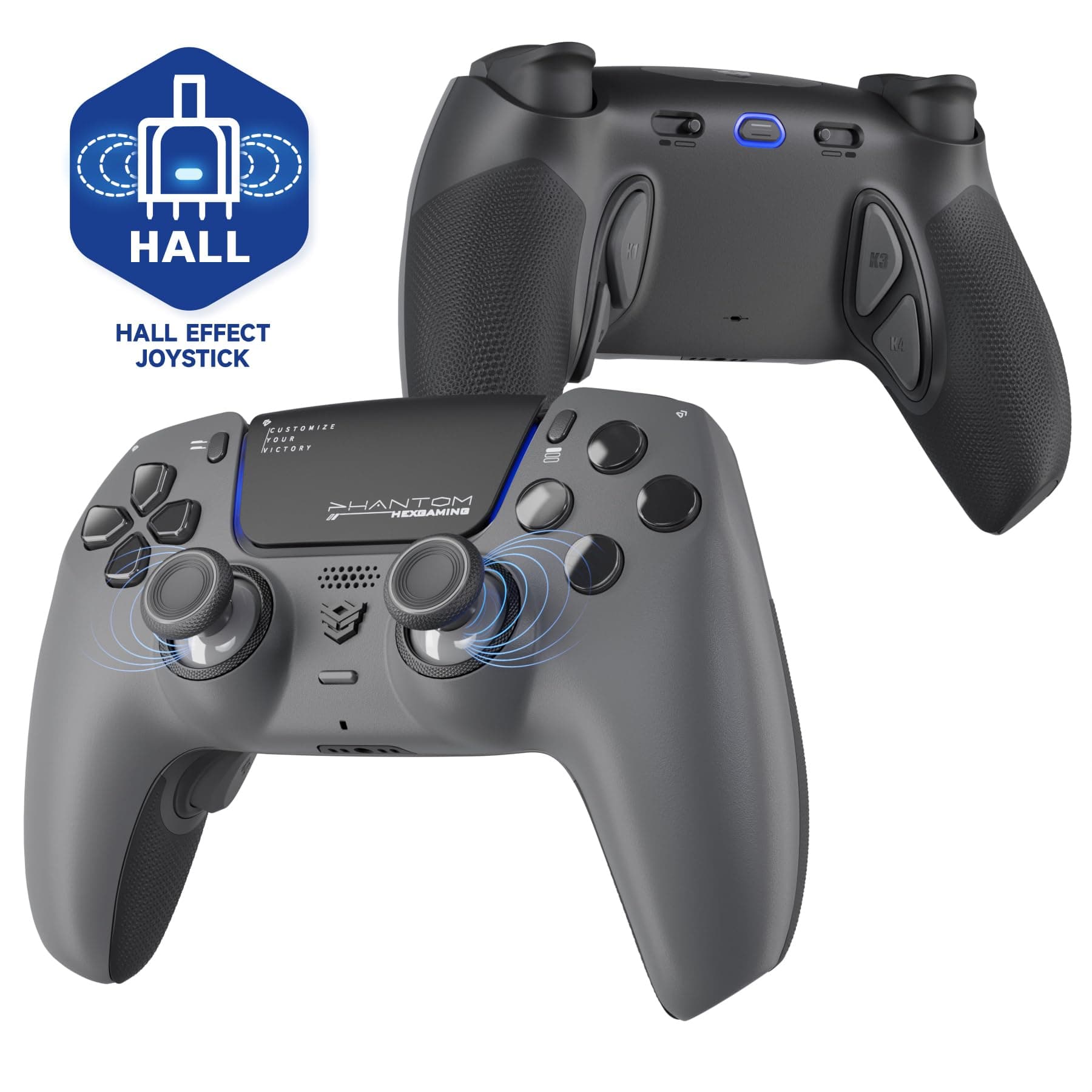 HEXGAMING PHANTOM Pro Controller with 4 Remappable Buttons, 6 Remapping Profiles, 8 Interchangeable Analog Stick, and Adjustable Triggers Compatible with ps5, PC, Mobile - Hall Effect Shadow Gray