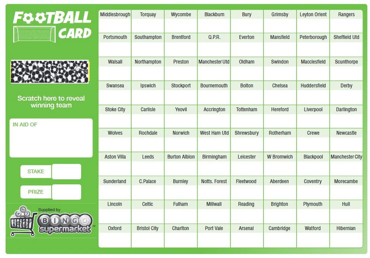 Bingosupermarket Football Fundraising Scratch Cards (80 Team) A5 Size