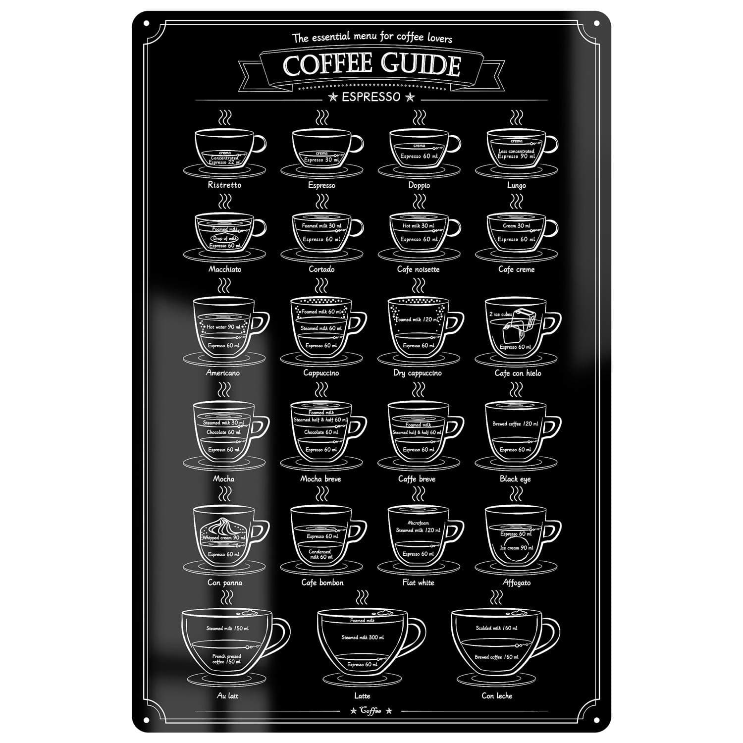 WEROUTE Large Metal Espresso Menu Tin Sign Retro Coffee Lovers Guide Bar Pub Poster Rustic Painting for Home Restaurant Kitchen Cafe Diner Coffee Shop 16.5" X12"（A3 Size）