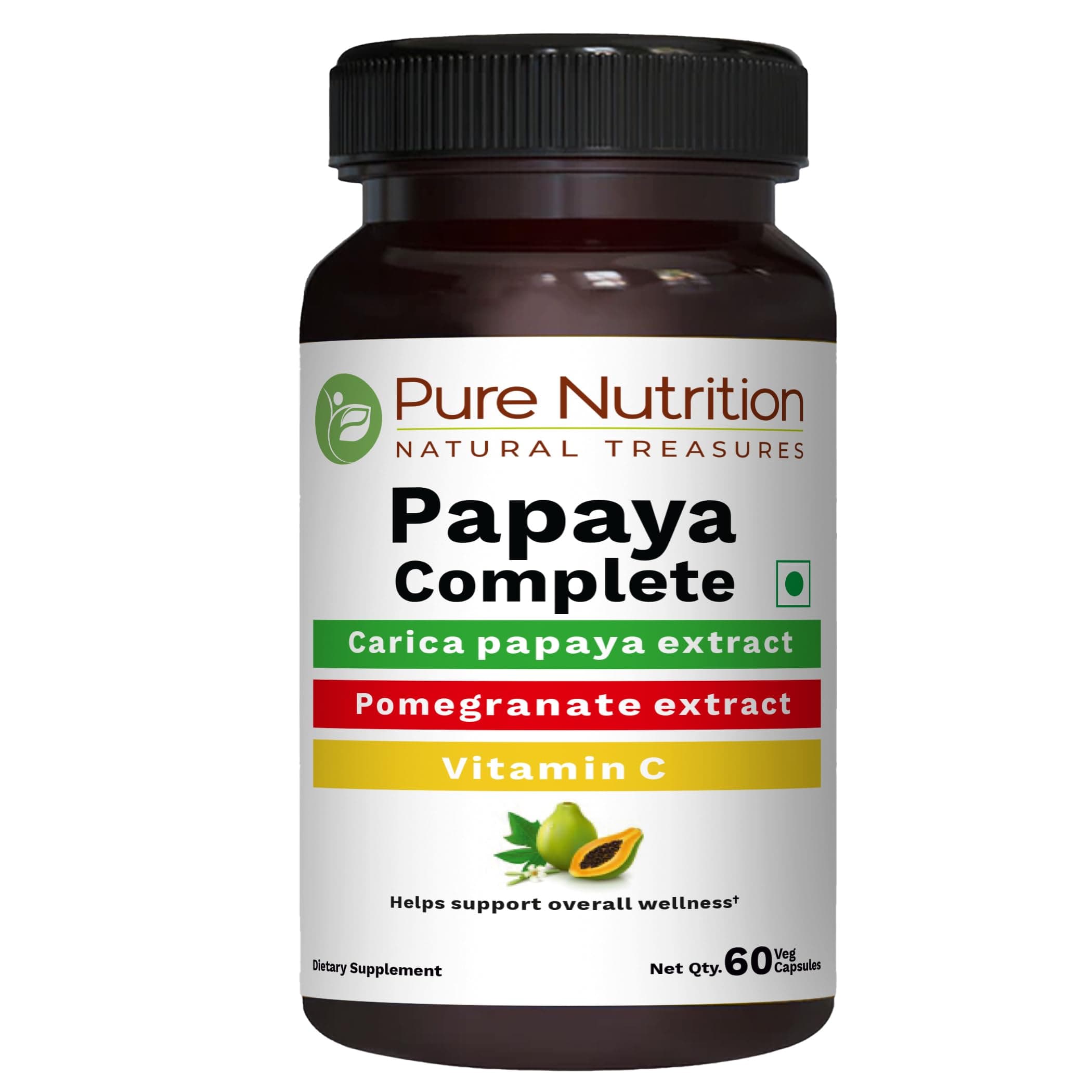 Pure Nutrition Papaya Complete - 60 Veg Capsules (Supports Platelet Immunity & Digestion) Each Capsule contains 500mg Carica Papaya Fruit and Leaf Extract. Non-GMO | Gluten-Free