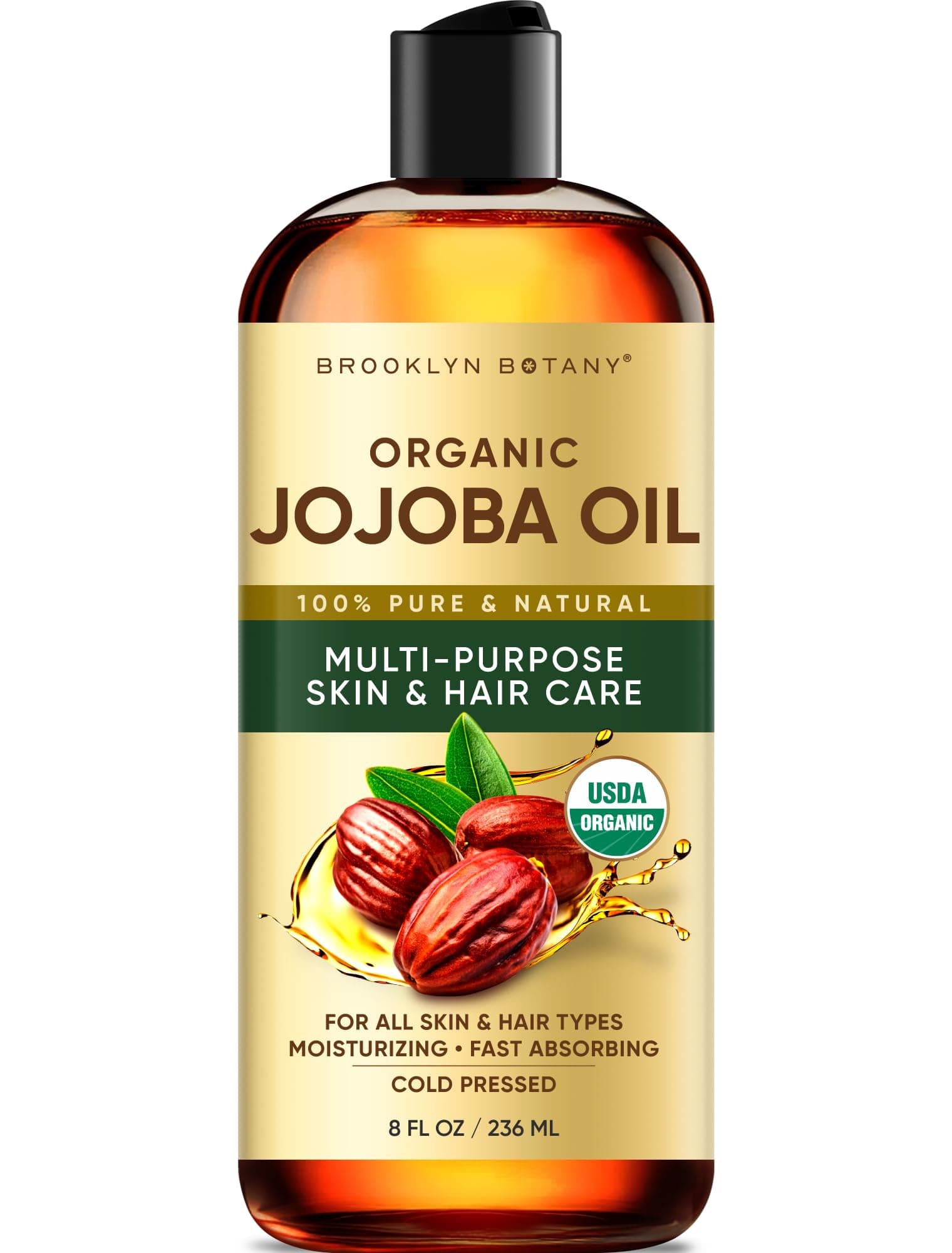 USDA Organic Cold-Pressed Jojoba Oil for Skin, Hair and Face - 100% Pure and Natural Body Oil and Hair Oil - Carrier Oil for Essential Oils, Aromatherapy and Massage Oil - 8 fl Oz