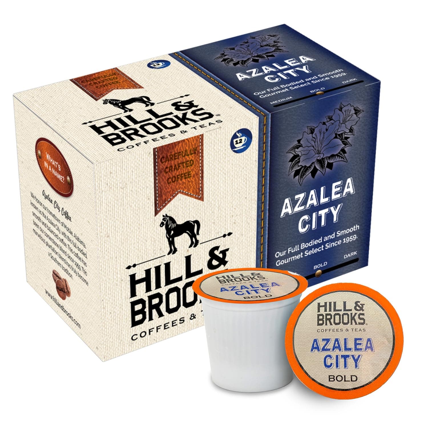 Hill & Brooks, Azalea City K-Cups Coffee - Single Serve K Cup Pods - Bold Flavored, Medium Blend - Sustainable, Columbian, Arabica - 1 Pack of 12