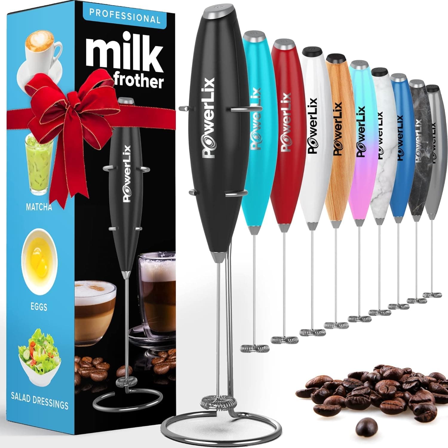 PowerLix Milk Frother Handheld Whisk - Electric Milk Frother Foamer with Stainless Steel Stand,15-20s, Powerful 19000rpm, Mini Drink Mixer Coffee Frother for Latte, Cappuccino, Hot Chocolate
