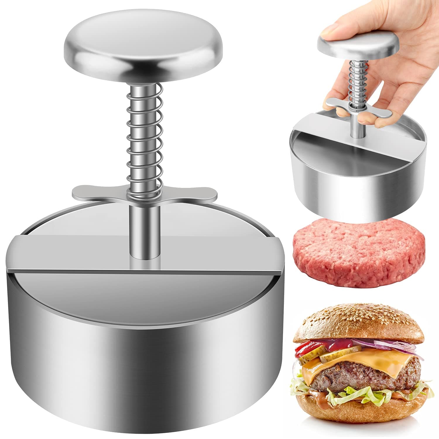 Burger Press, Stainless Steel Adjustable Hamburger Patty Maker, Non Stick Patty Making molds are Suitable for Beef, Vegetables, Burgers and Cooking,BPA Free - Ideal for BBQ, Silver