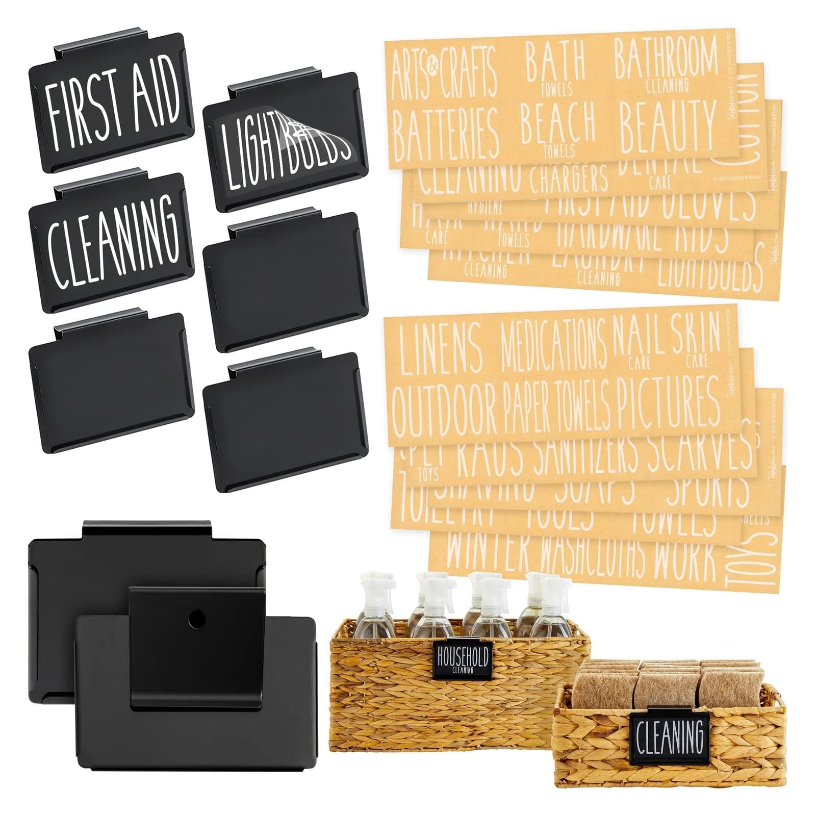 Bin Labels Clip-On Metal Basket Holders - Black, 8-Pack, 3.5 x 2.5 in - Kitchen Storage Organization & Bathroom Bin Label Clips - 70 Organizing Tags for Linen Closet