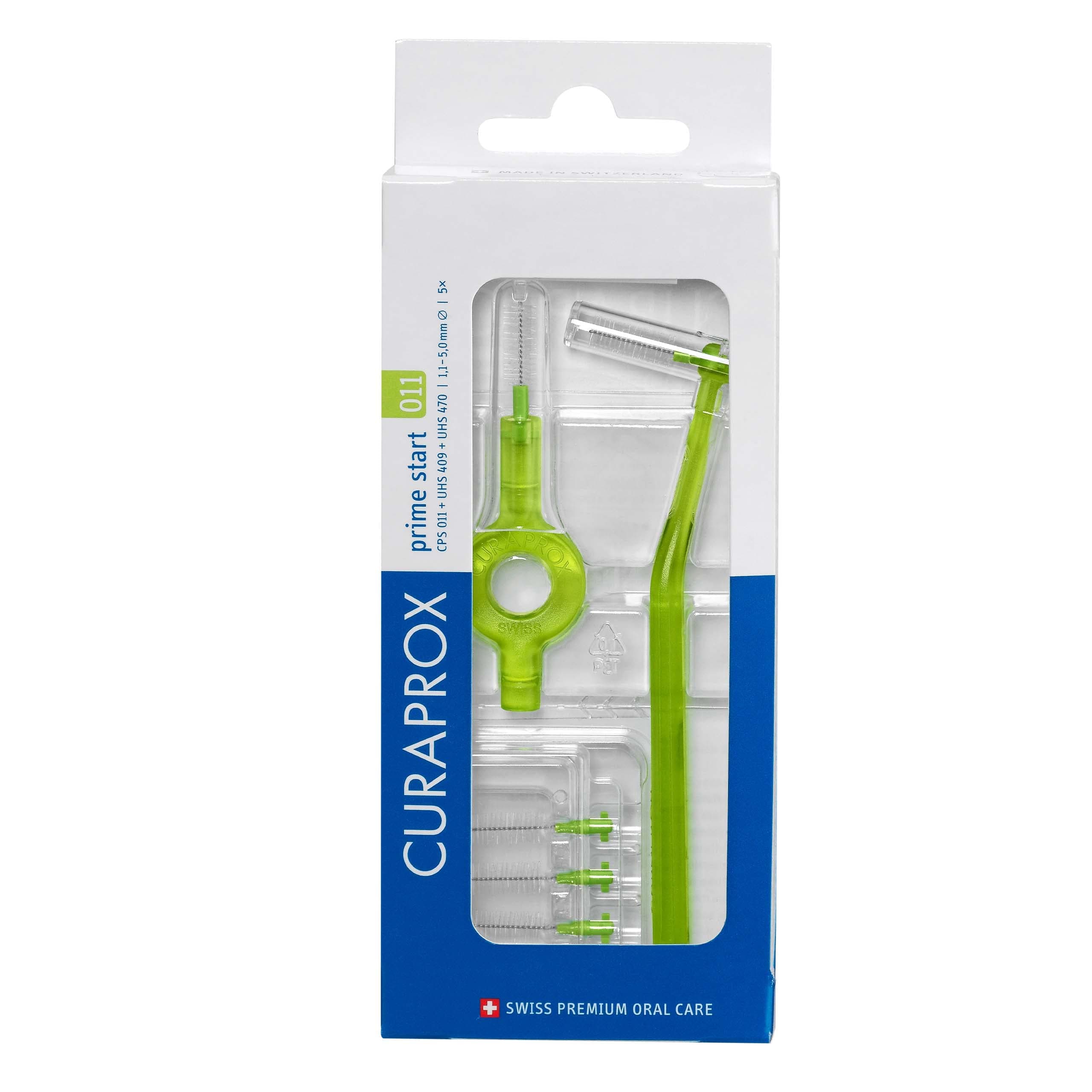 CPS 011 Prime Start Interdental Brush Set | Starter Set with 5 Brushes |2 Different Holders | Green | 1.1 mm Diameter | 5 mm Effectiveness | Made in Switzerland
